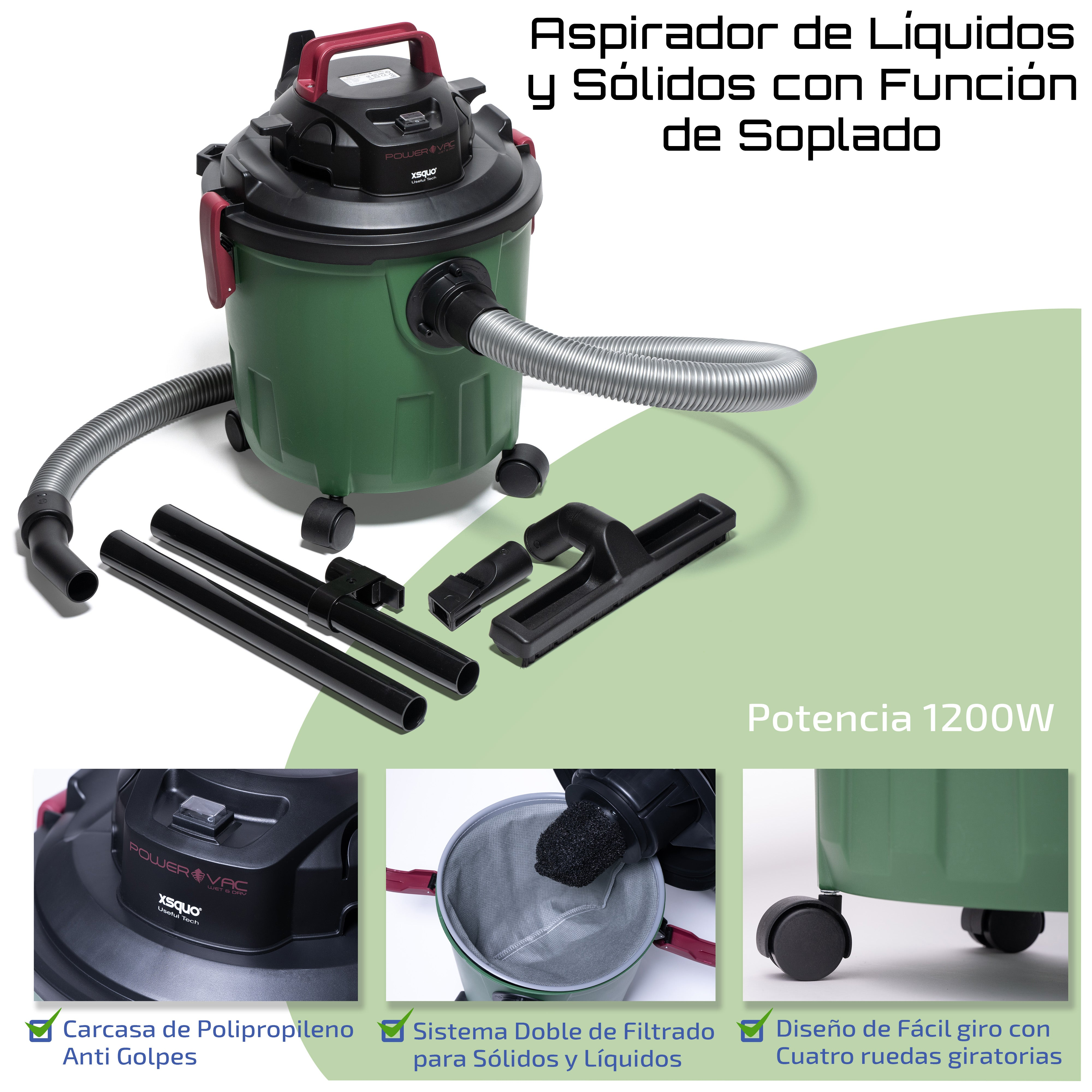 Aspiradora verde con manguera y accesorios. Texto en español. Cuatro ruedas visibles.