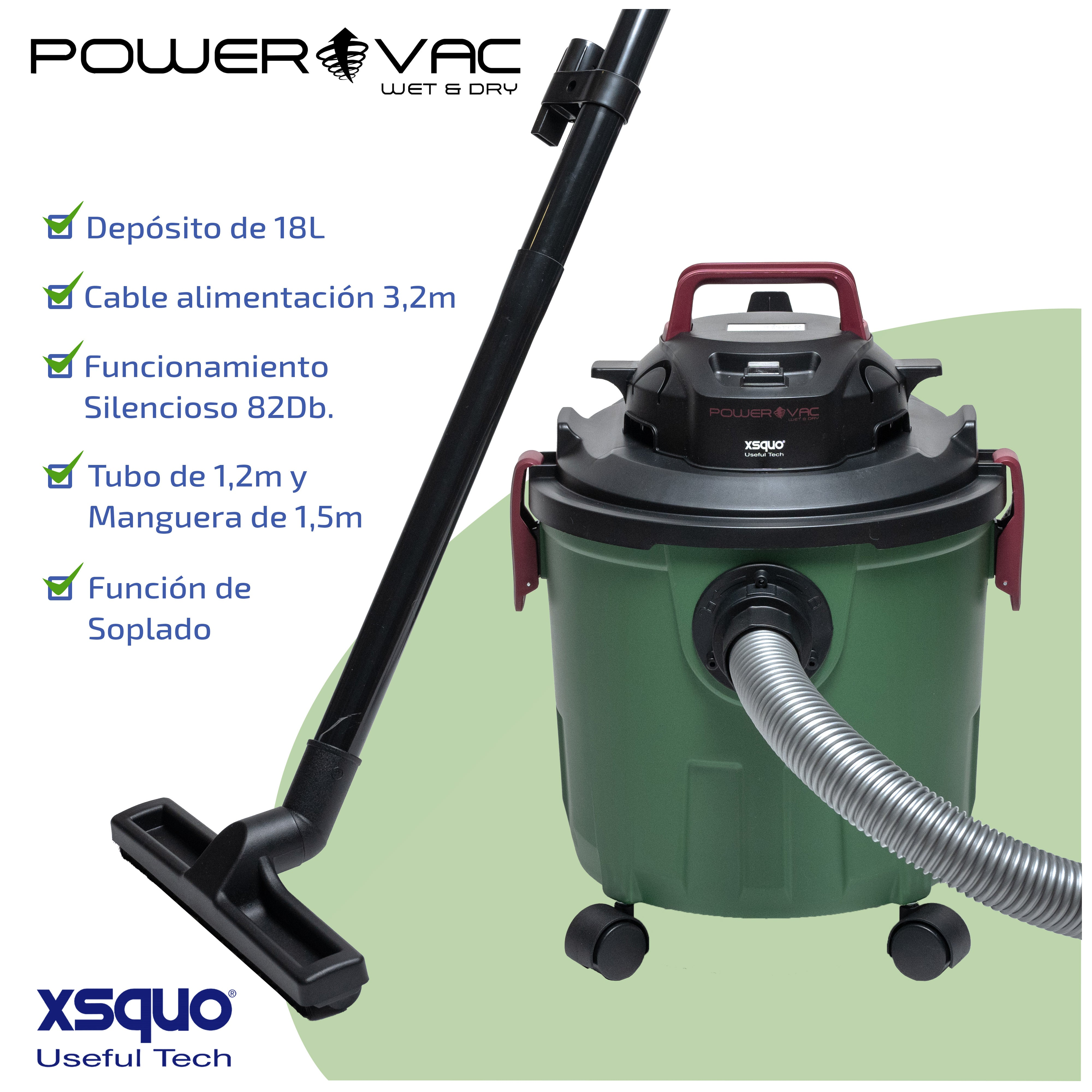 Aspiradora en seco/húmedo verde y negra con características: 18L capacidad, cable 3.2m, 82dB, y más.