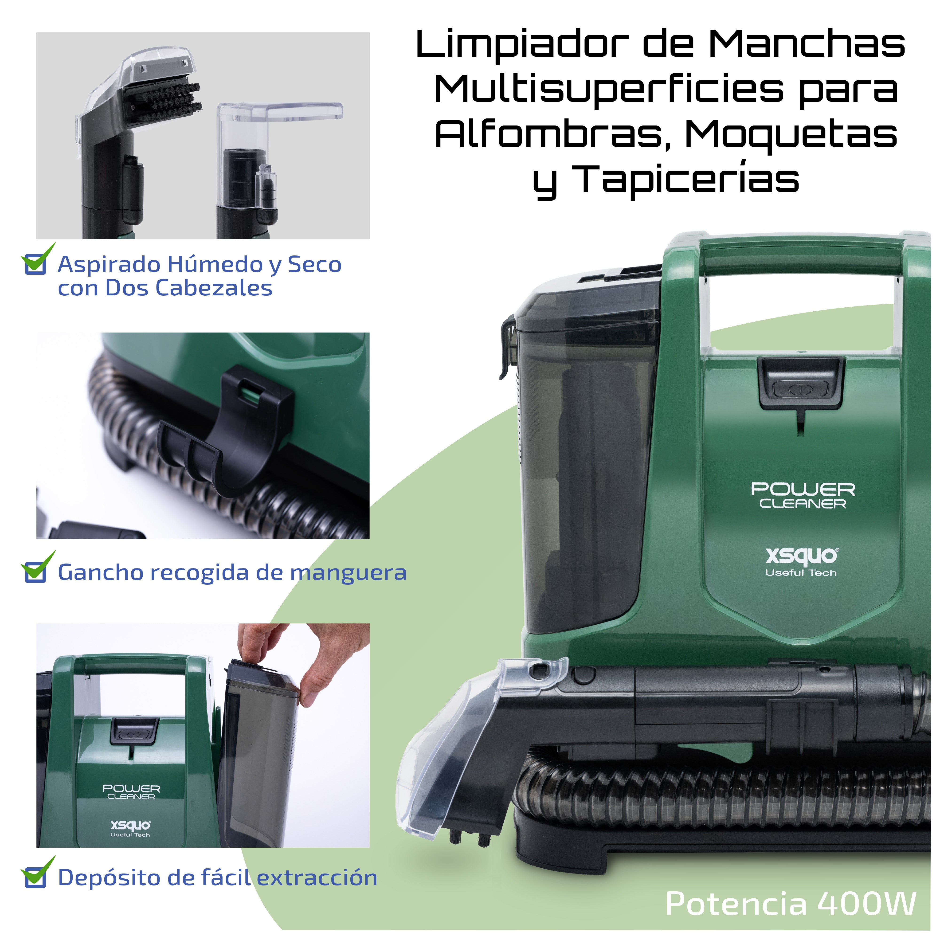 Una aspiradora verde. Incluye funciones como cabezal húmedo/seco, gancho para manguera y fácil extracción.