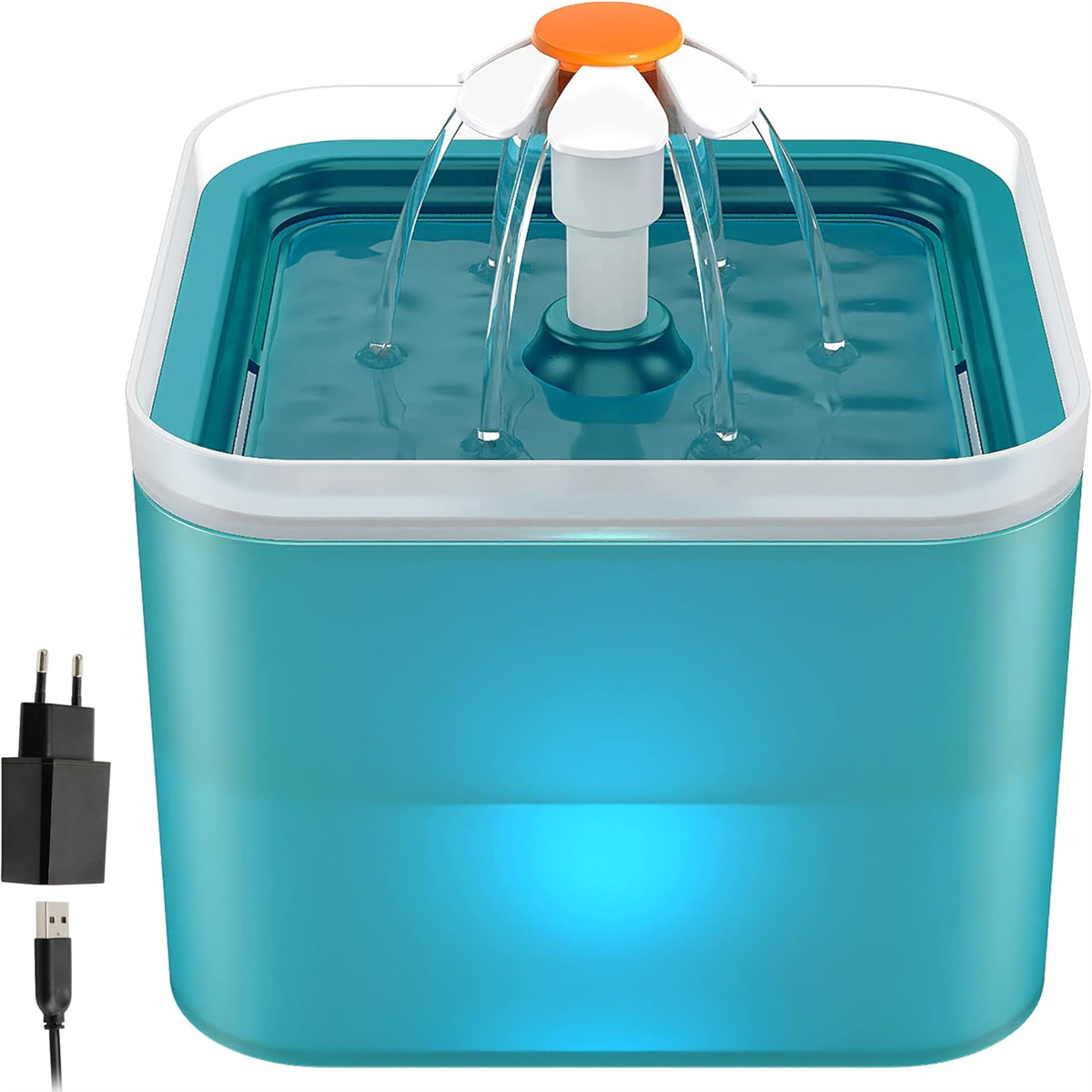 Türkisfarbener Haustier-Wasserbrunnen mit weißem Deckel und orangefarbenem Blumendesign. Enthält einen schwarzen Netzadapter.