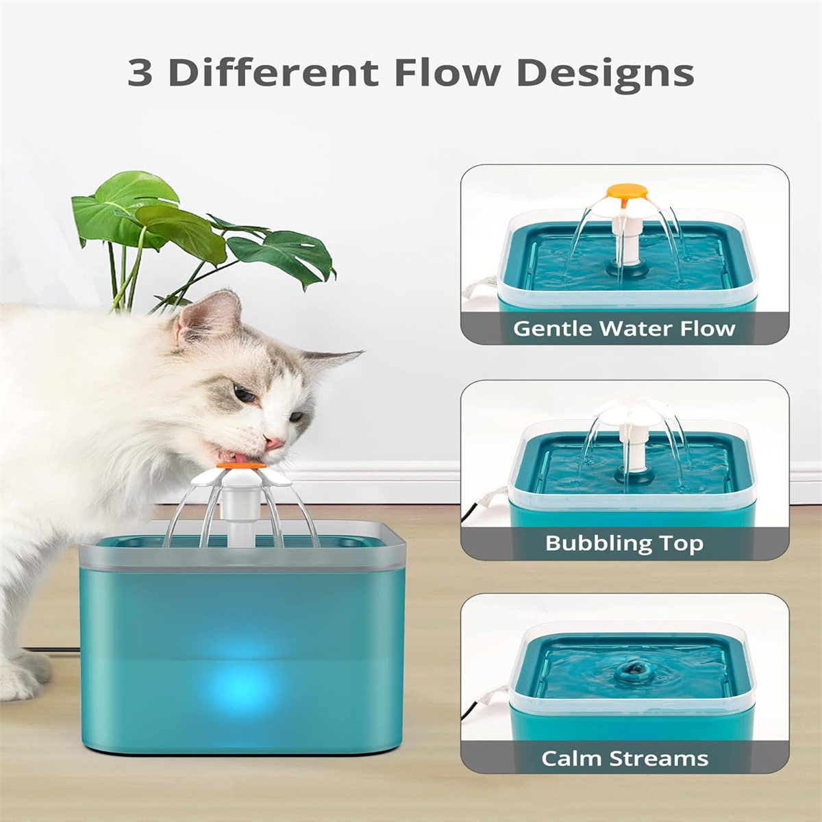 Eine Katze trinkt aus einem Haustier-Trinkbrunnen. Drei Flussdesign-Optionen werden gezeigt: sanft, sprudelnd und ruhig.