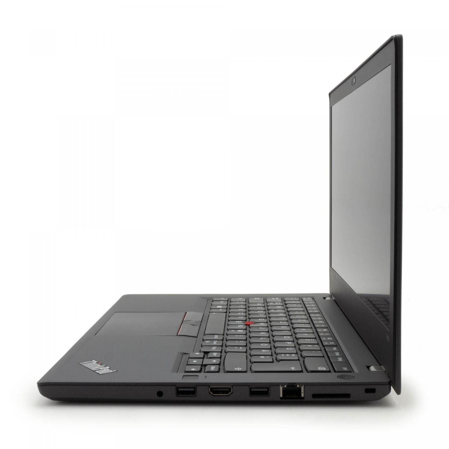 Ein schwarzer Laptop im Profil auf weißem Hintergrund, der Tastatur, Anschlüsse und Bildschirm zeigt.