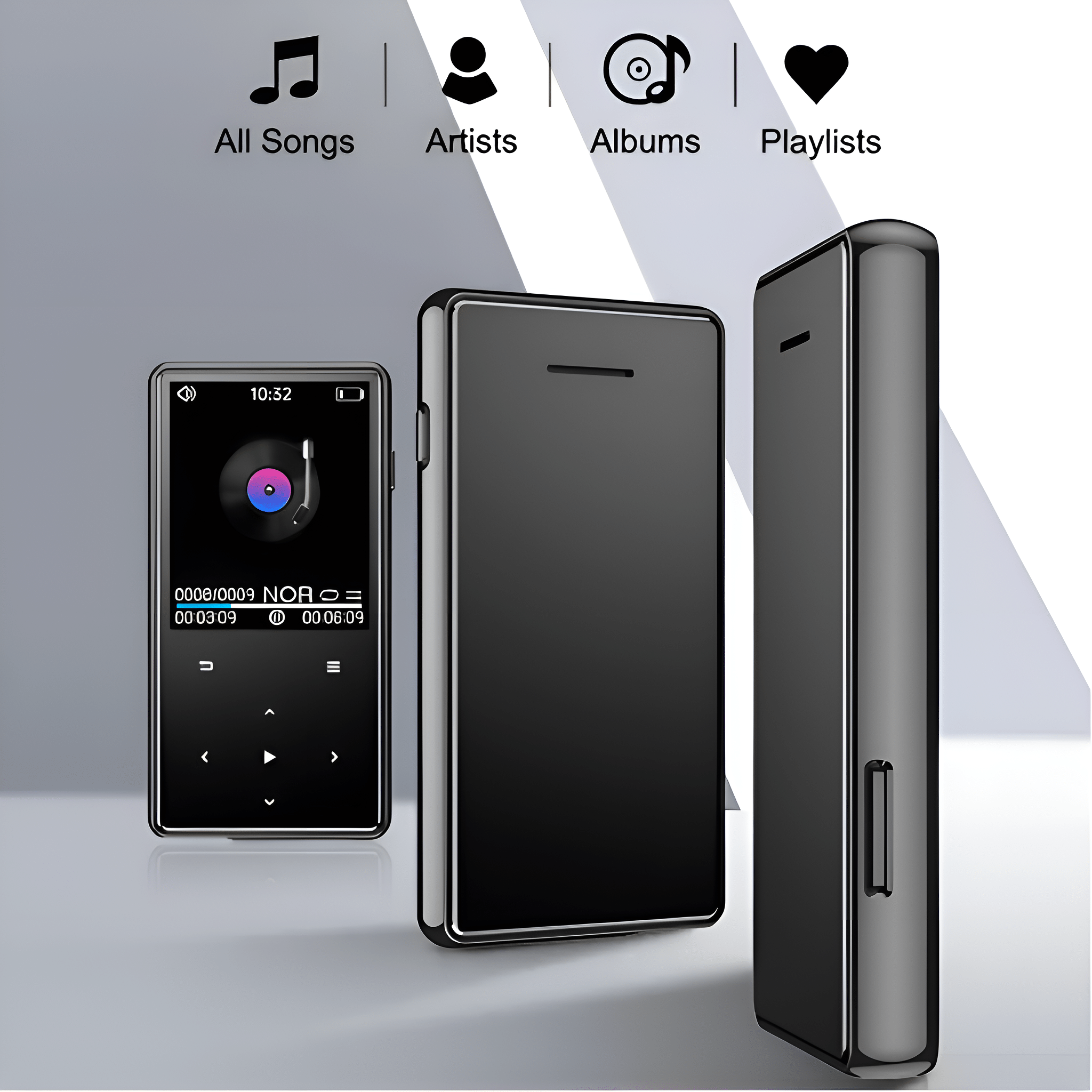 Drei schwarze MP3-Player mit einem Bildschirm, der eine Musikoberfläche zeigt. Notensymbol.