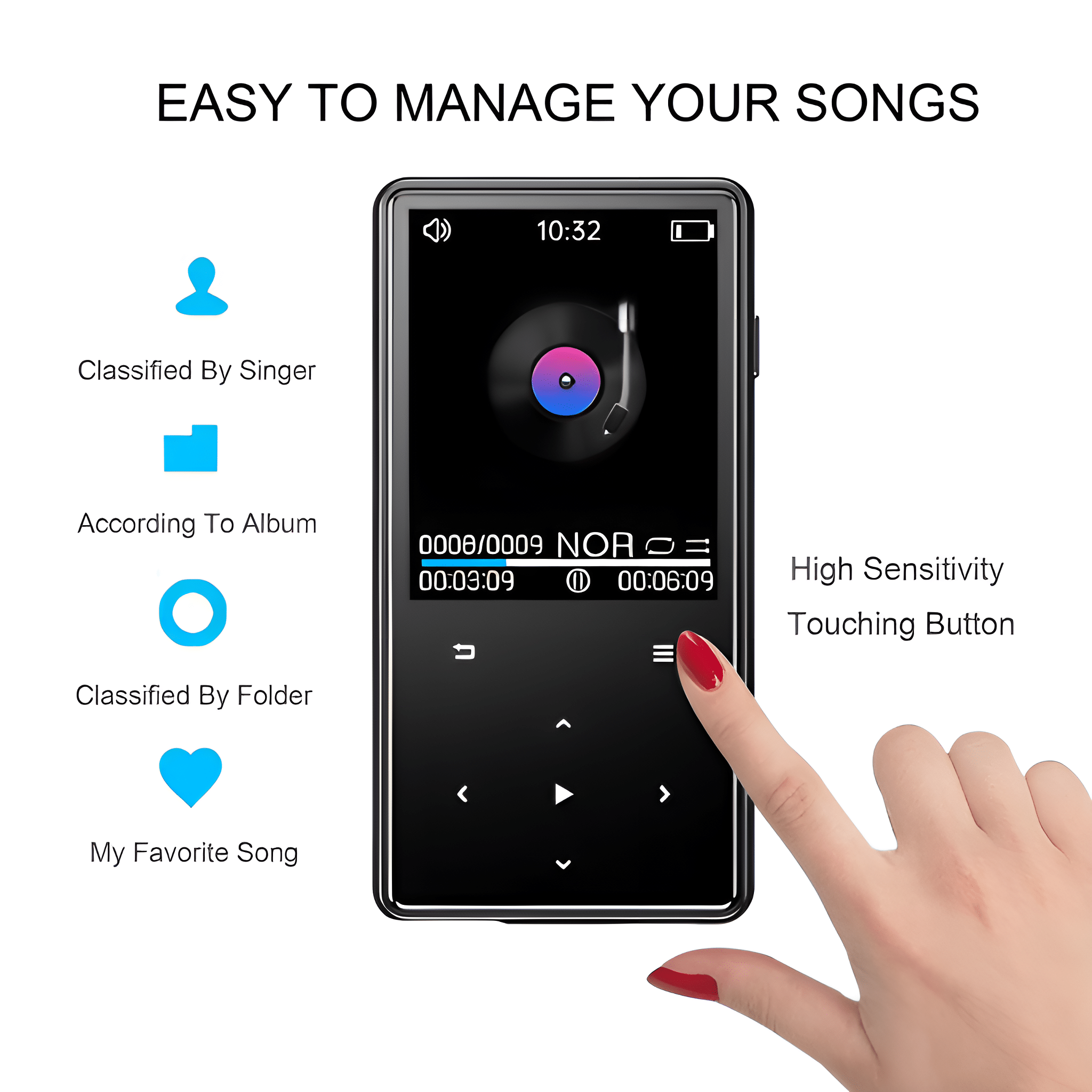 Ein schwarzer MP3-Player mit Touchscreen, mit einer Hand mit roten Nägeln, die ihn berührt.