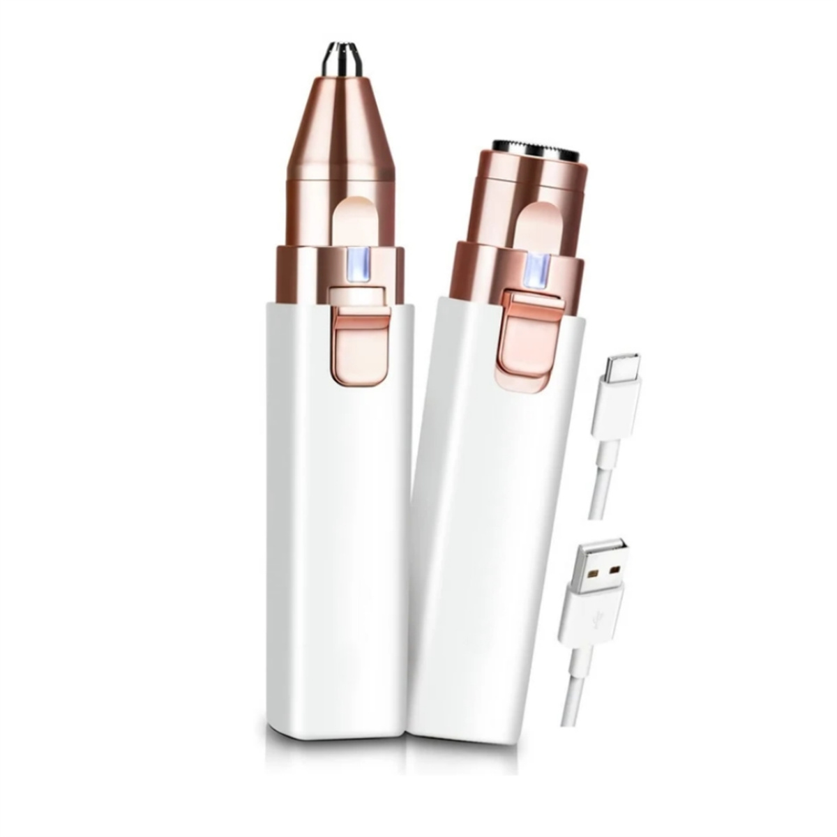 Zwei weiße und roségoldene Nasenhaartrimmer mit USB-C- und USB-Kabeln.
