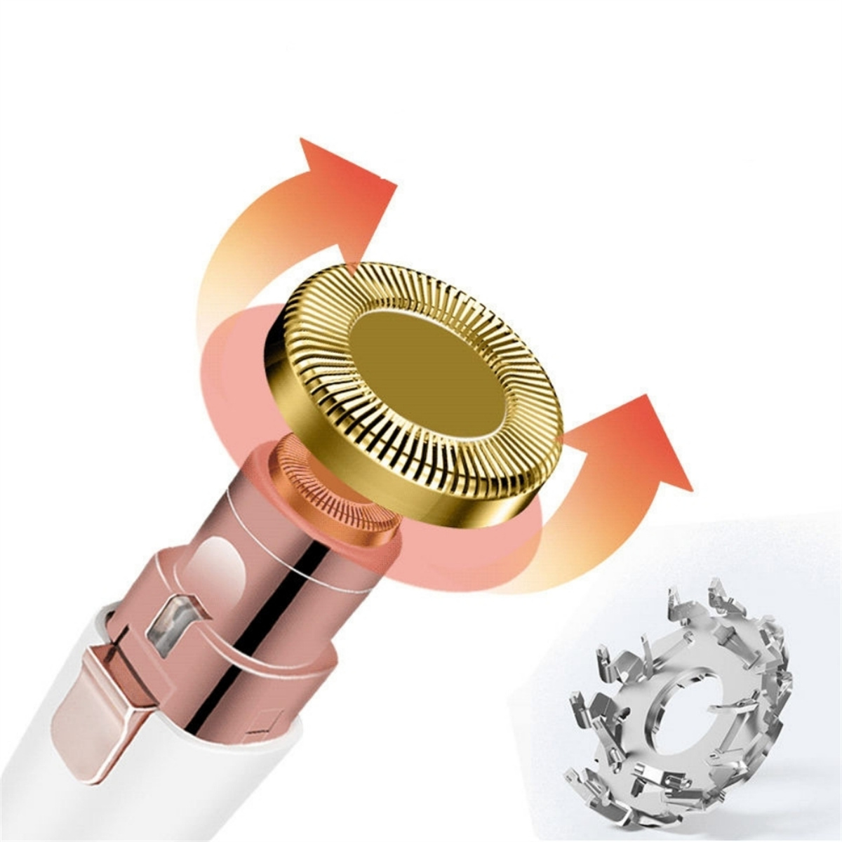 Nahaufnahme eines goldenen Gesichtshaarentferners mit rotierendem Messer und Pfeilen, die die Drehrichtung anzeigen.