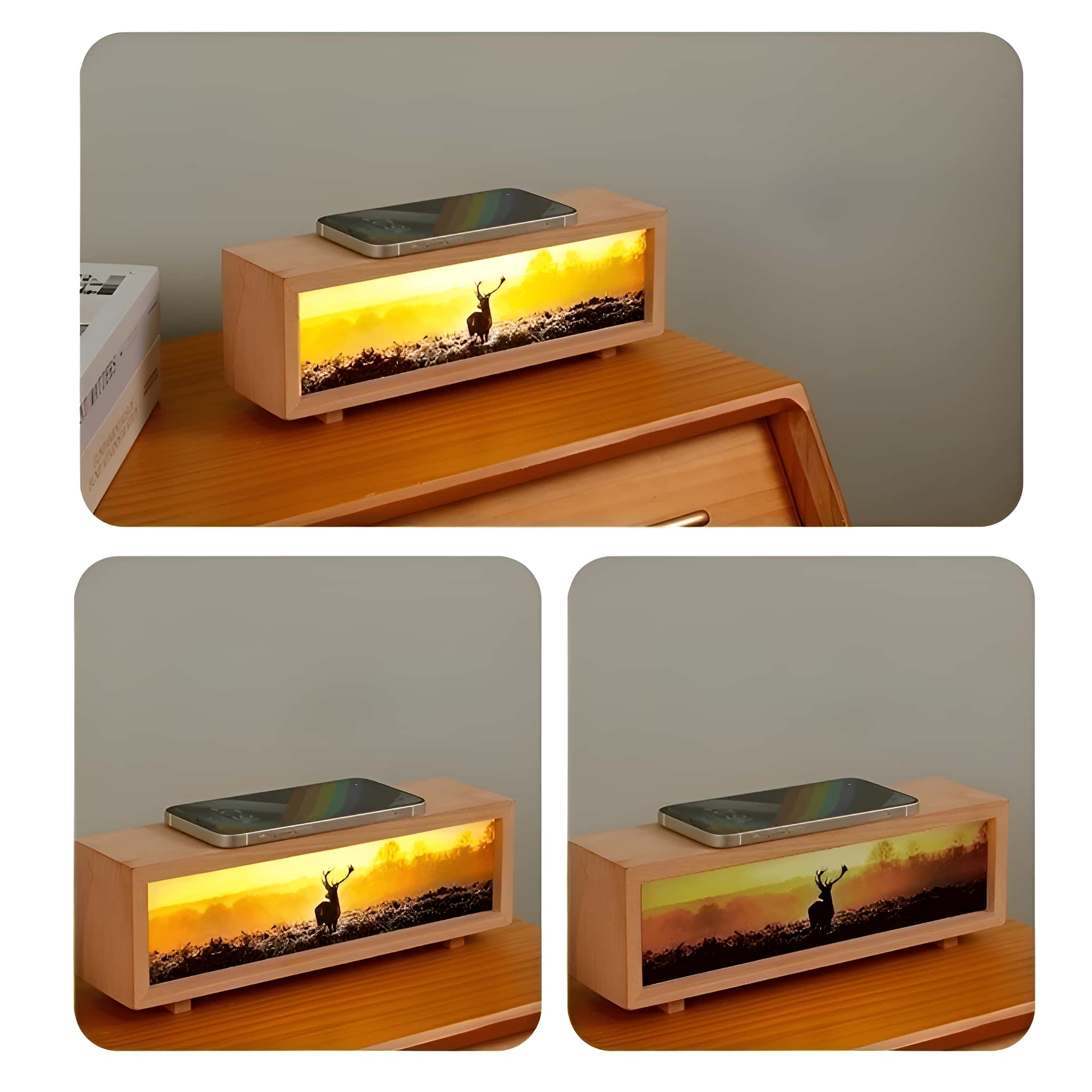 Holzkiste mit leuchtendem Sonnenuntergangsbild, Telefon oben, mehrere Winkel, auf einem Tisch.
