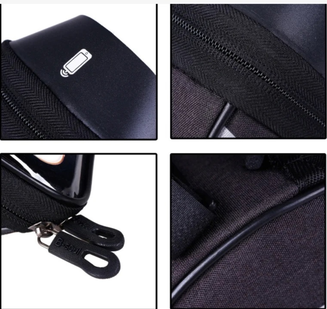 Nahaufnahmen von Details einer schwarzen Tasche mit Reißverschluss, Telefonsymbol und dem Markennamen 'B-soul'.