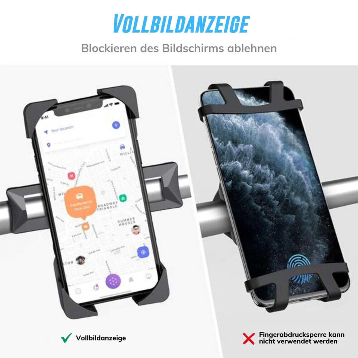 Zwei Telefone in Halterungen. Eines zeigt eine Karte, das andere einen Fingerabdruck. Schwarze Halterungen.