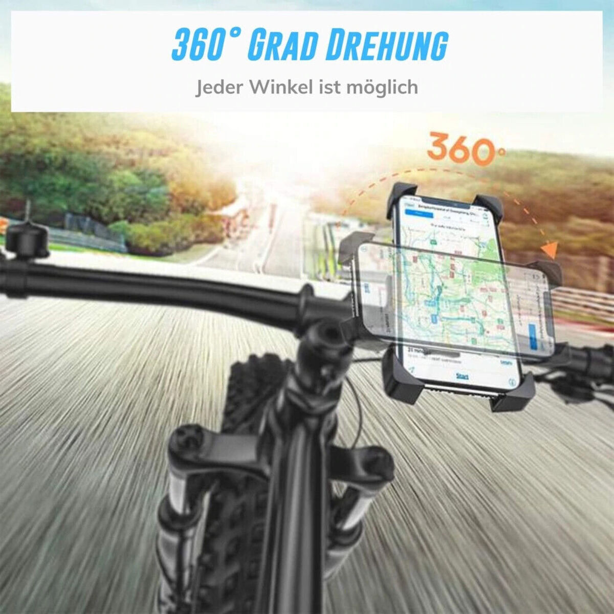 Perspektive von einem Fahrradlenker, mit einem Telefonhalter, der eine Karte anzeigt.