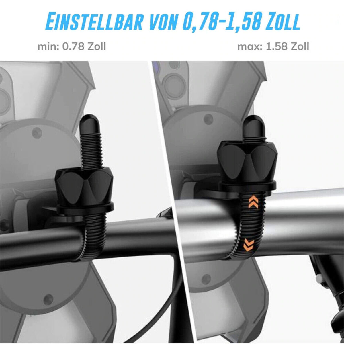 Nahaufnahme eines schwarzen Fahrradzubehörs mit verstellbarer Klemme und Schraube. Text auf Deutsch.