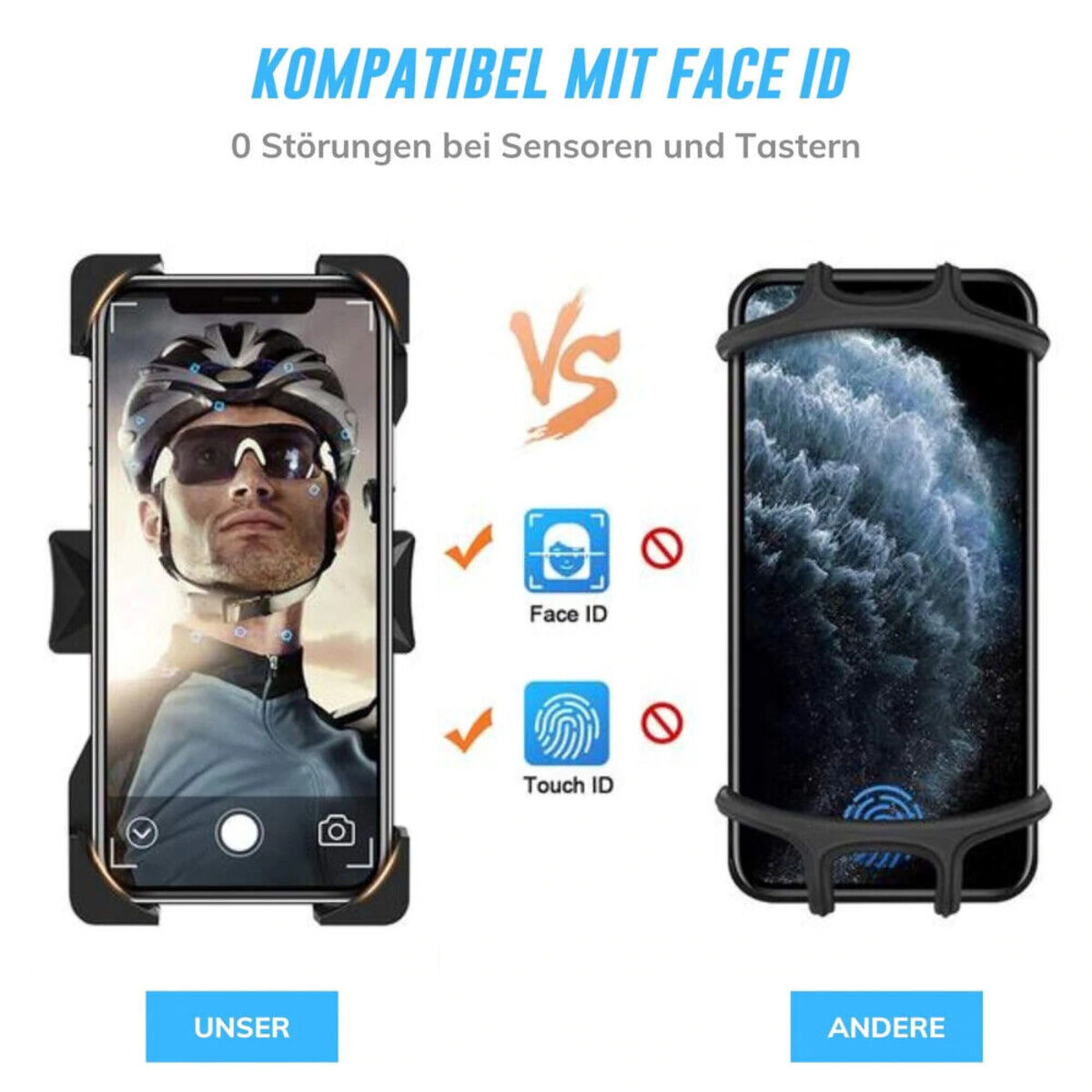 Handy in Hülle mit Face- und Touch-ID-Vergleich.