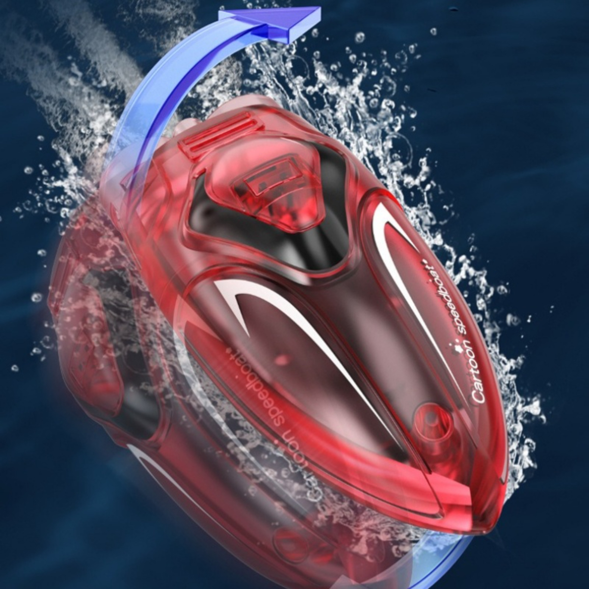 Rotes Spielzeug-Schnellboot mit blauem Pfeil auf blauem Hintergrund.