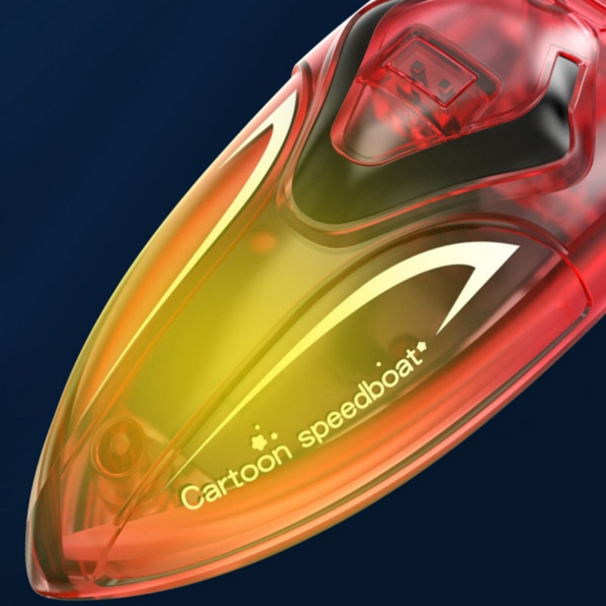 Rotes Spielzeug-Motorboot mit gelbem Licht. Text: „Cartoon-Motorboot“. Der Hintergrund ist blau.