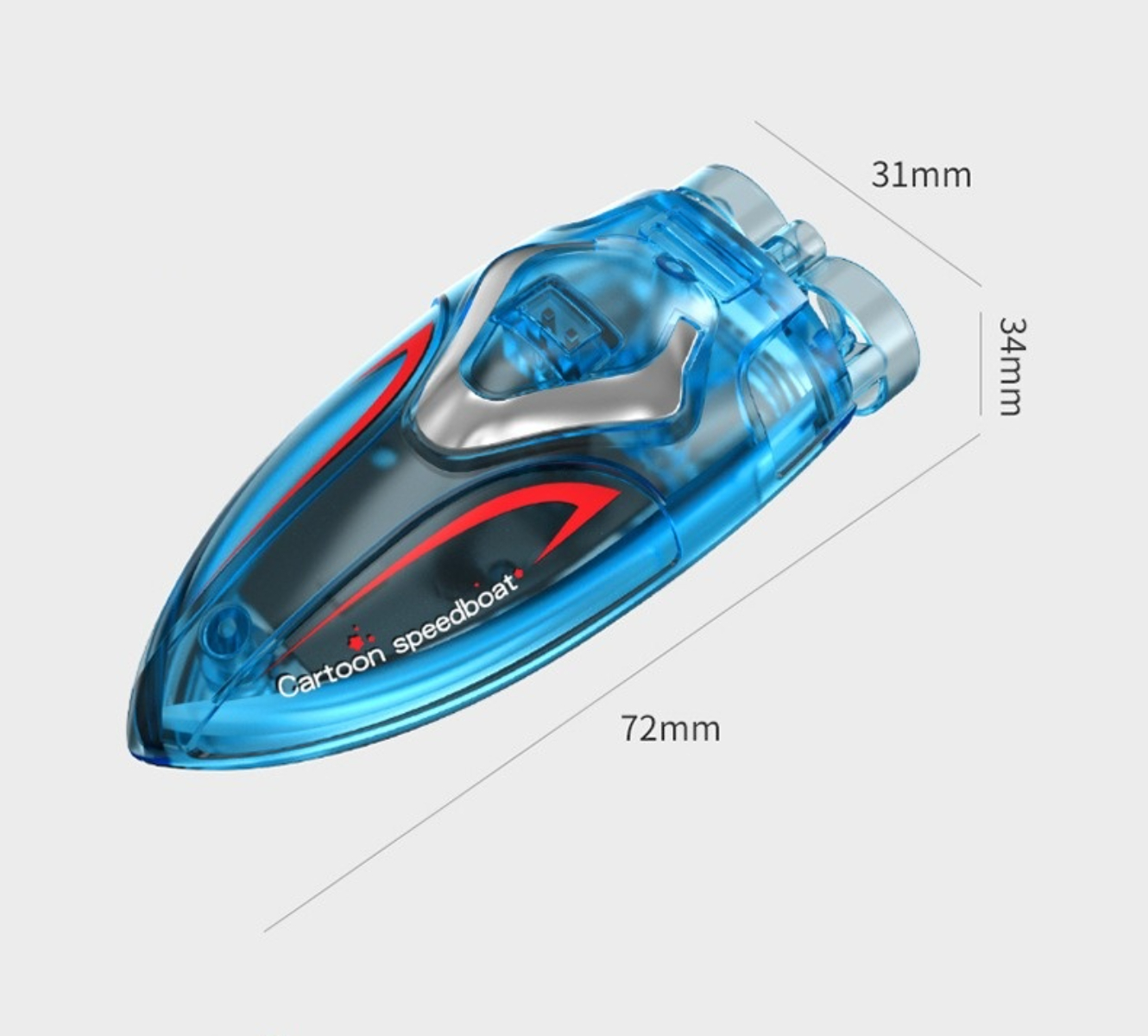 Blaues Spielzeugboot mit roten Akzenten und dem Schriftzug 'Cartoon speedboat'. Abmessungen werden gezeigt.