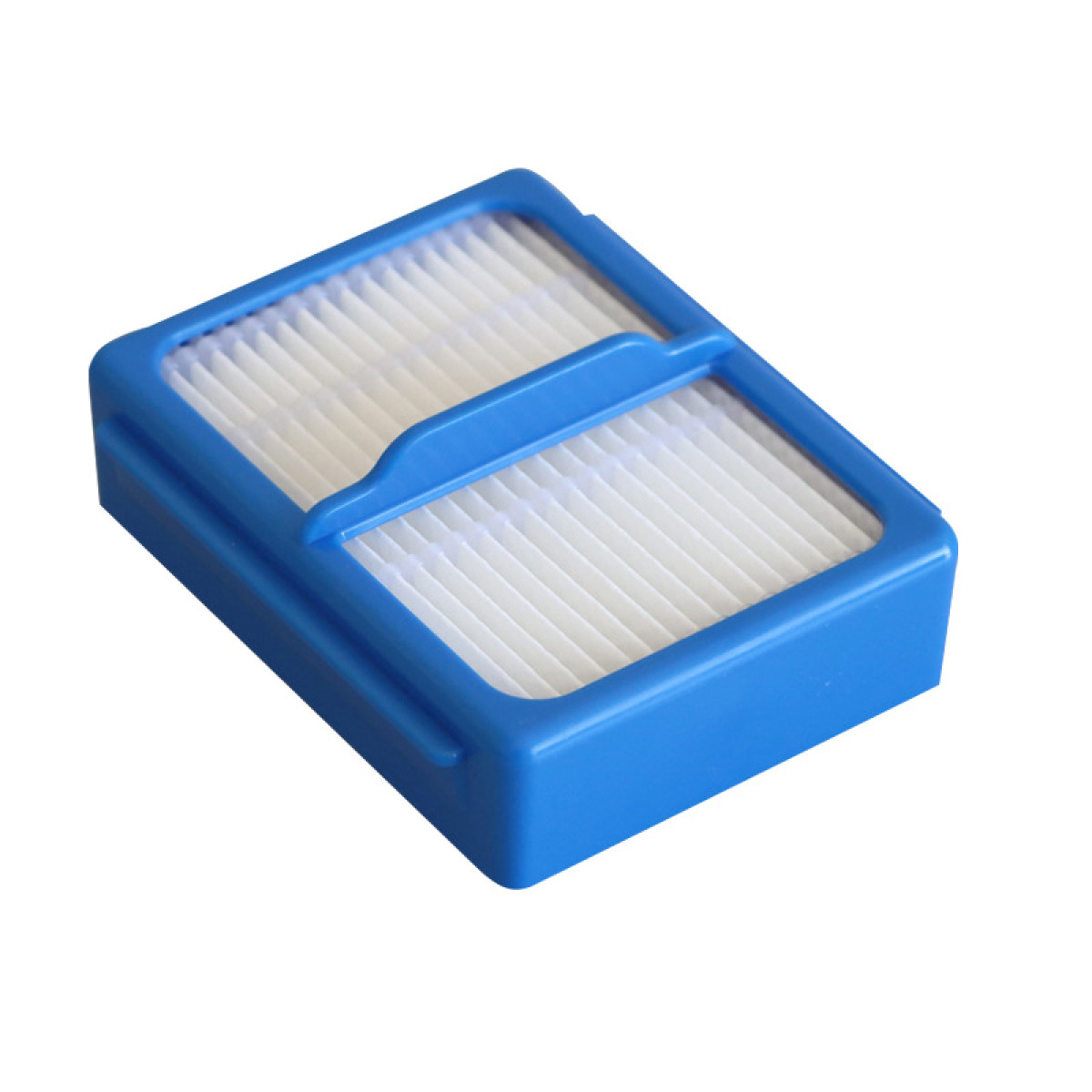 Filtro rectangular azul y blanco para aspiradora, con diseño de malla en el interior.