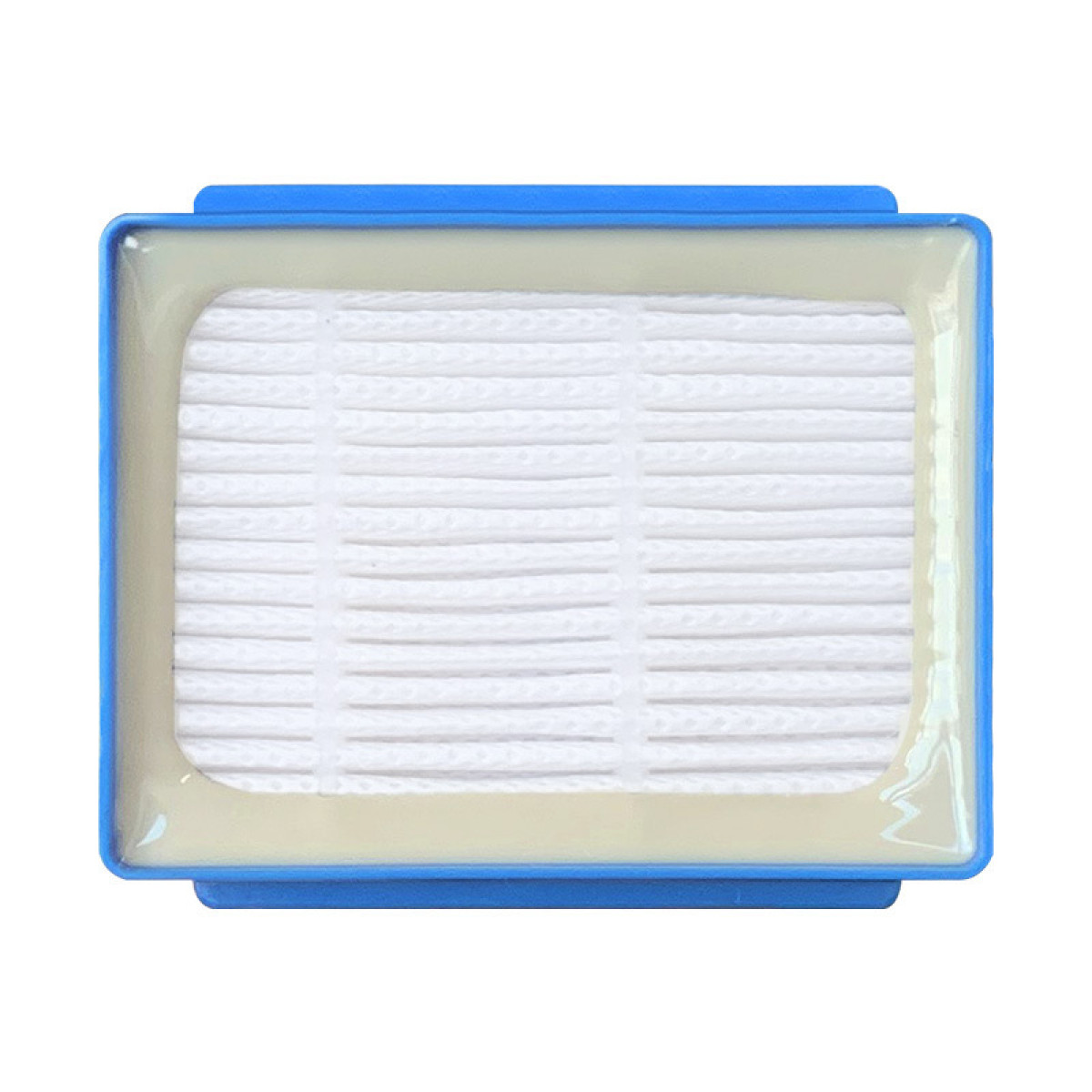 Filtro de aire rectangular con material filtrante blanco y marco azul.