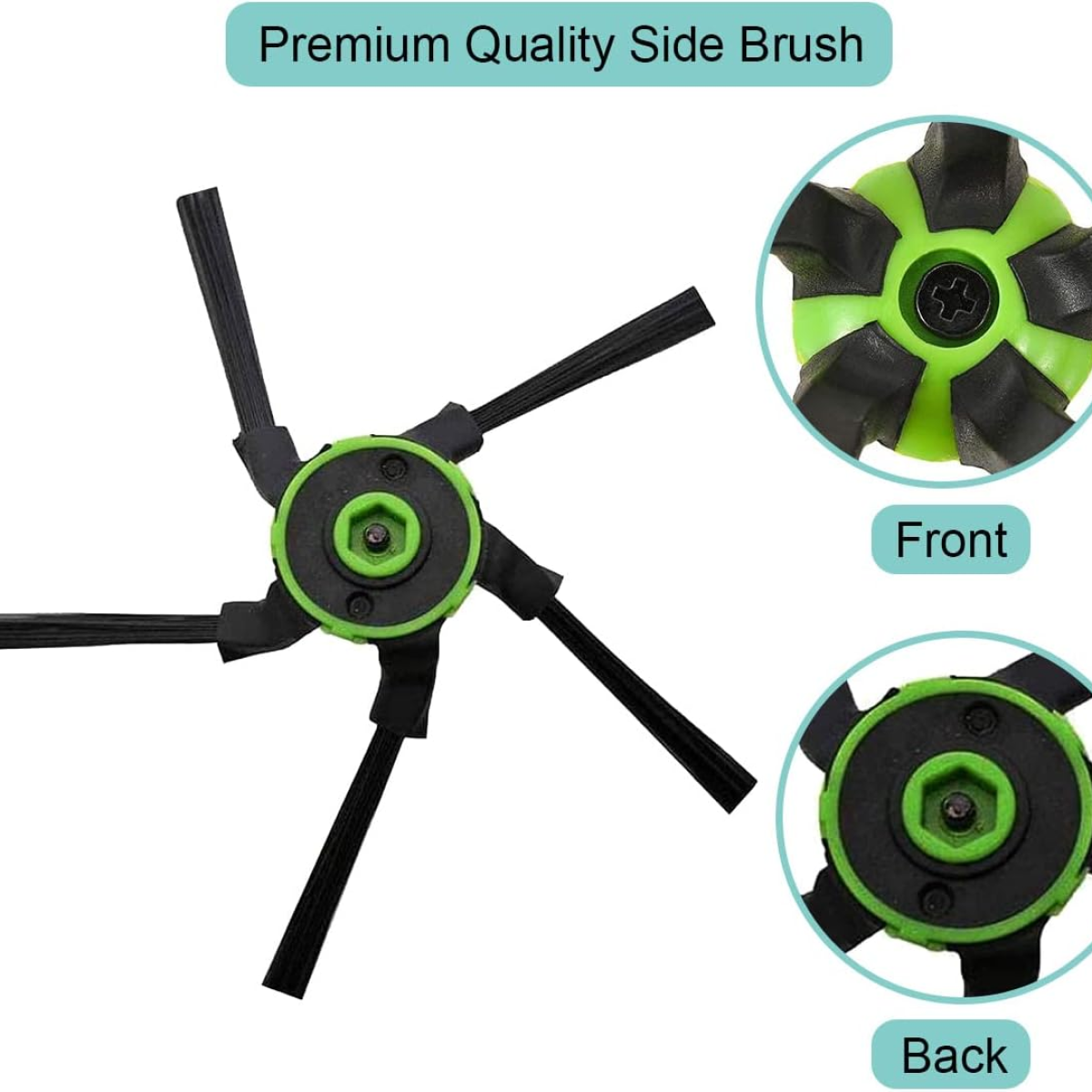 Primer plano de un cepillo lateral para una aspiradora. Se ven piezas de plástico verde y negro.