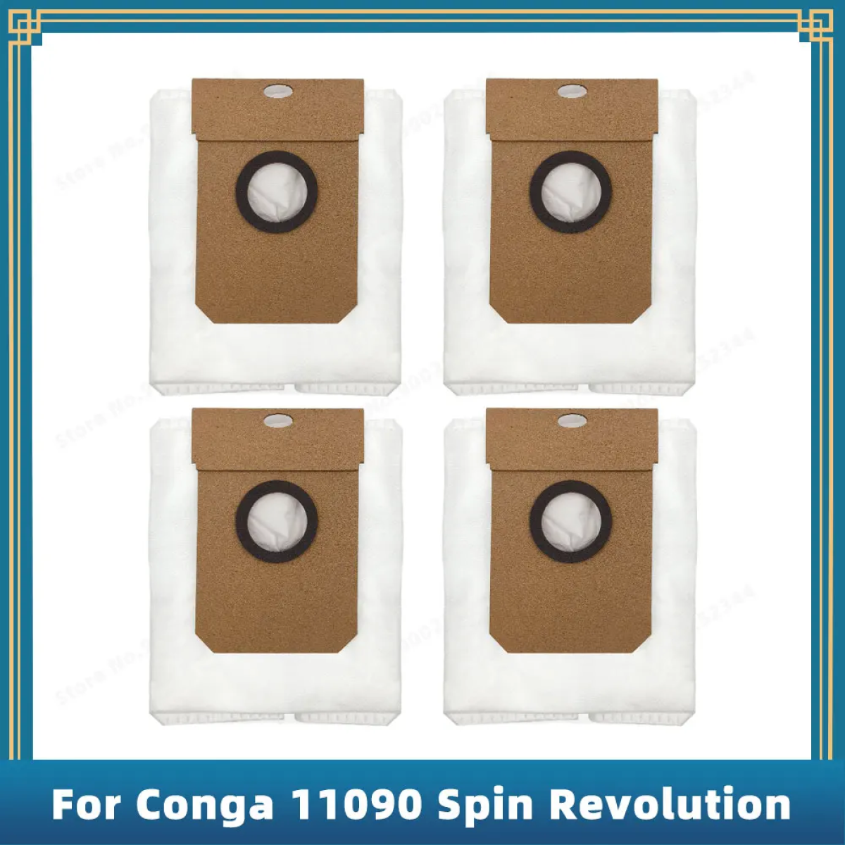 Cztery białe wymienne filtry do odkurzacza, z brązowymi i czarnymi detalami, na białym tle.