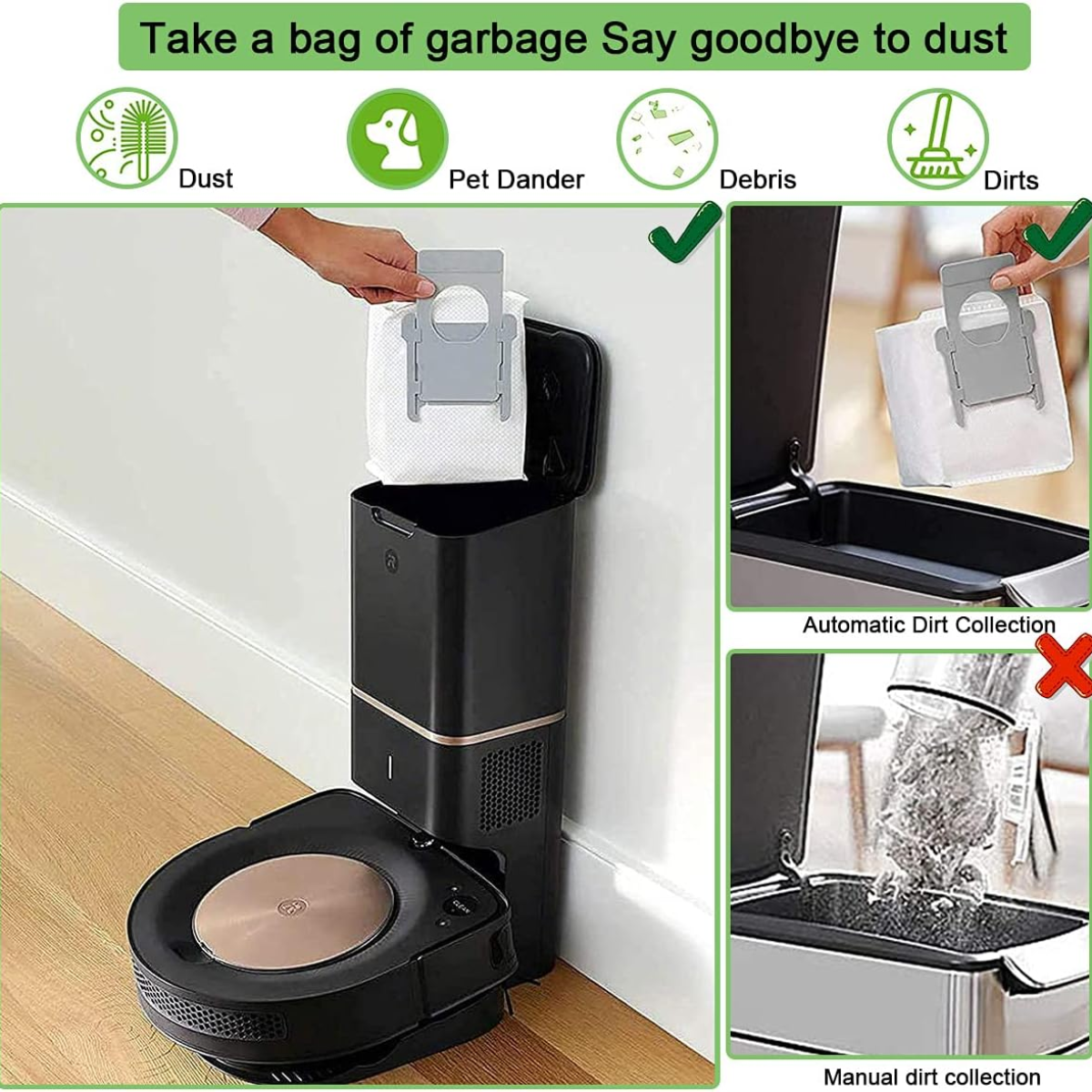 Una aspiradora robot y un contenedor de basura. Una persona inserta una bolsa de polvo en el contenedor. No hay polvo en el contenedor.