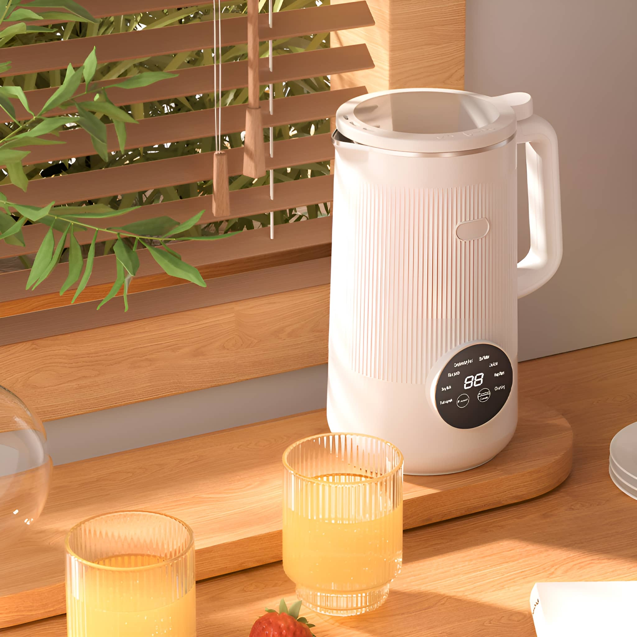 Weißer Wasserkocher, Orangensaft in Gläsern und Fenster mit Jalousien.
