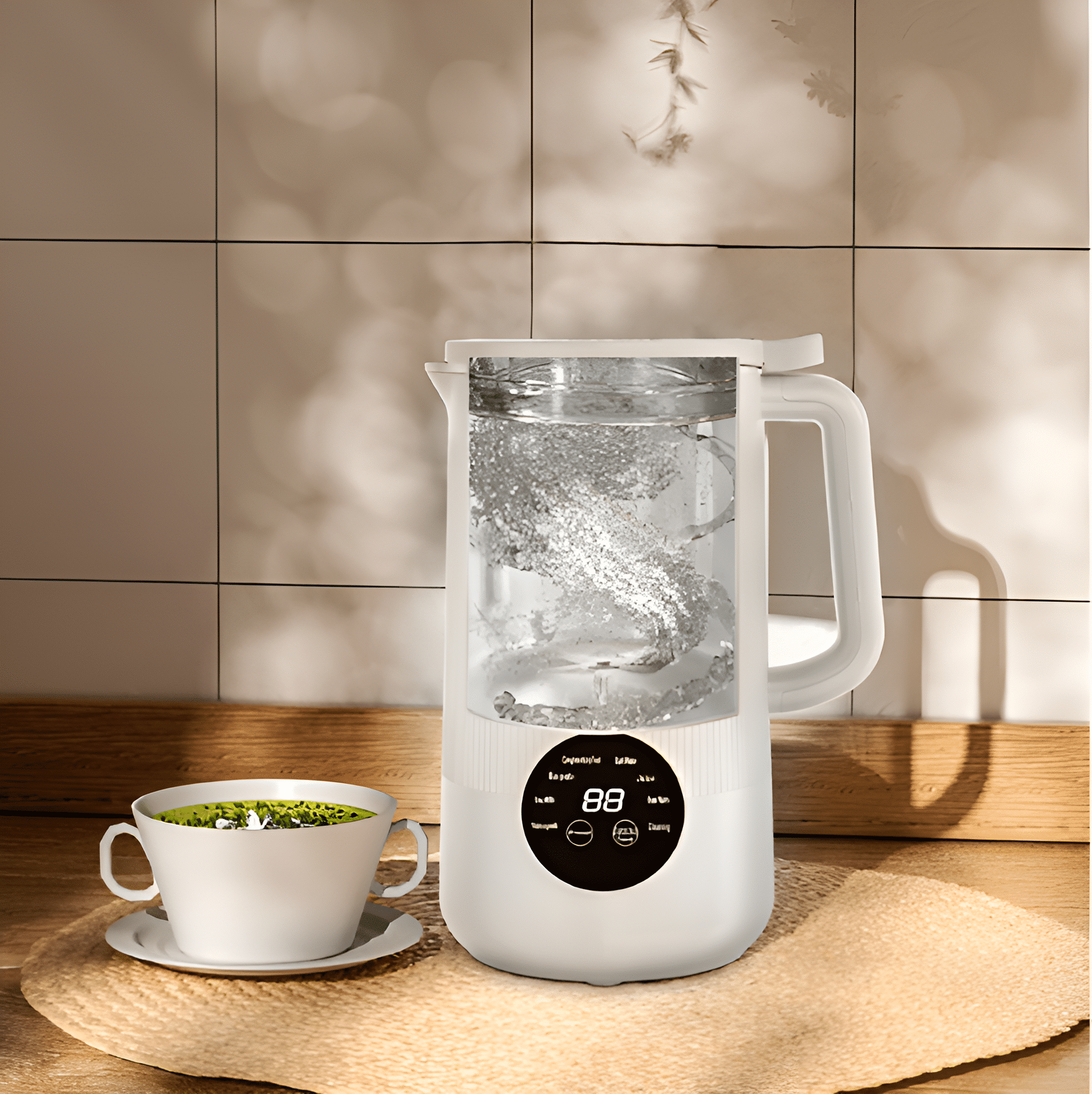 Weißer elektrischer Wasserkocher mit sichtbarem kochendem Wasser. Tasse Tee und Matte auf Holzoberfläche.
