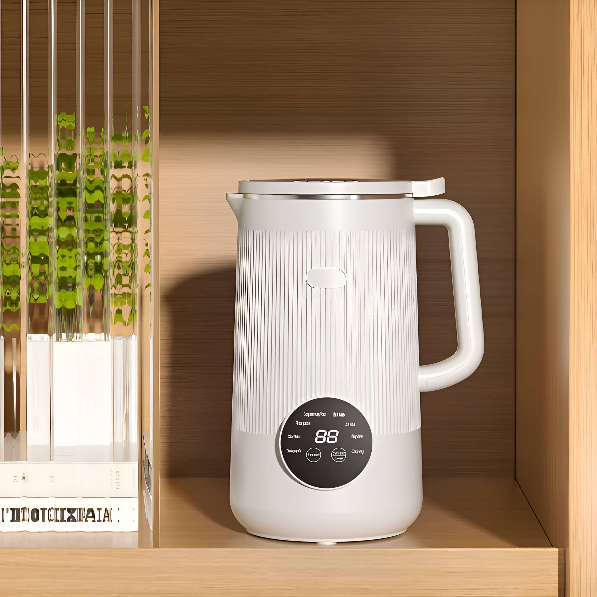 Ein weißer elektrischer Wasserkocher auf einem Holzregal mit digitaler Anzeige, die eine Zahl zeigt.