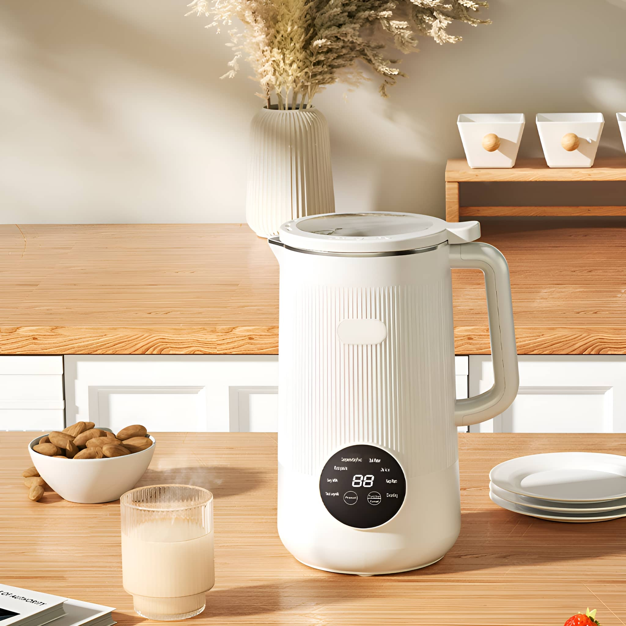 Weißer Sojamilchbereiter auf einem Holztisch, mit einem Glas Milch. Mandeln und eine Vase sind auch vorhanden.