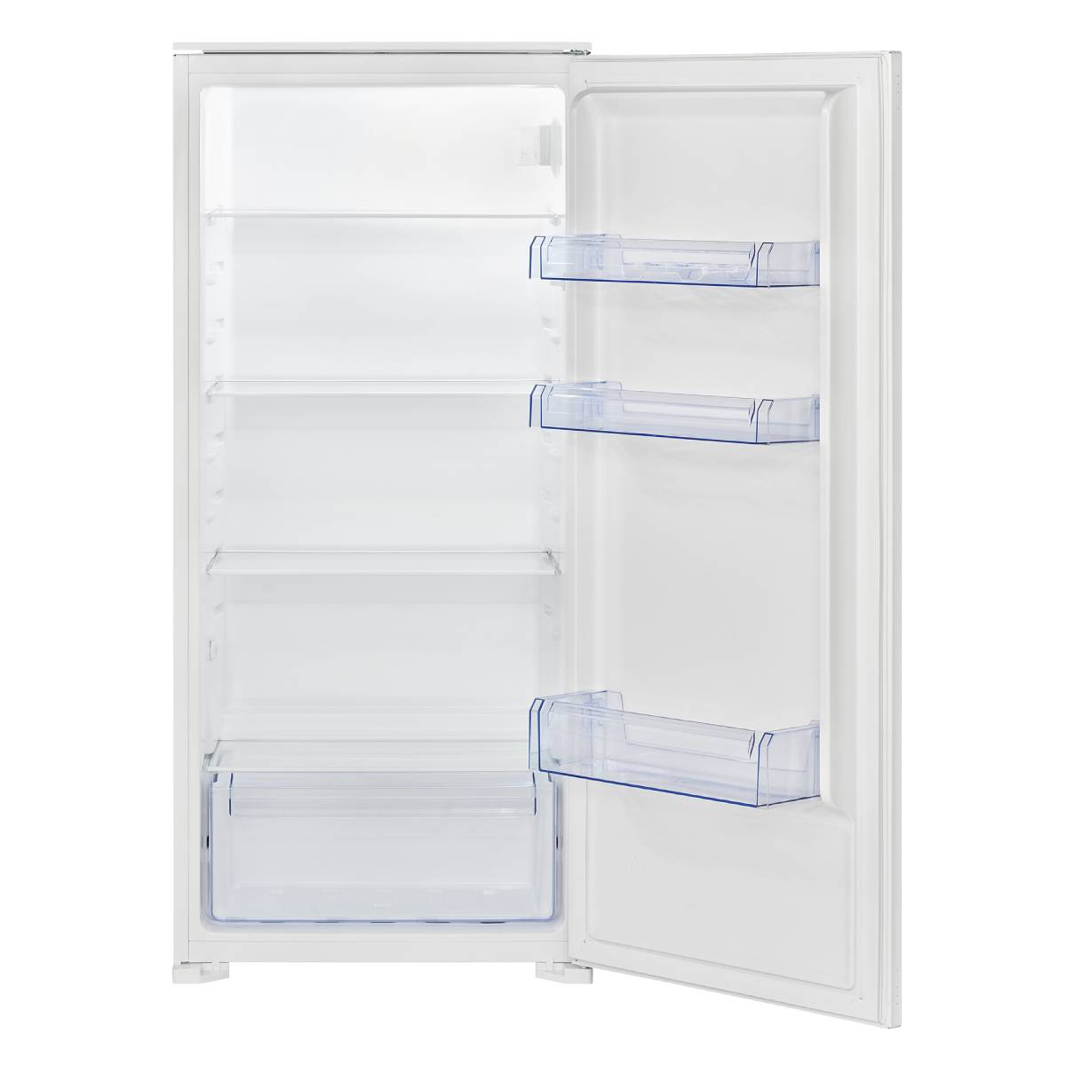 Ein offener weißer Kühlschrank mit Regalen und Schubladen im Inneren, isoliert.