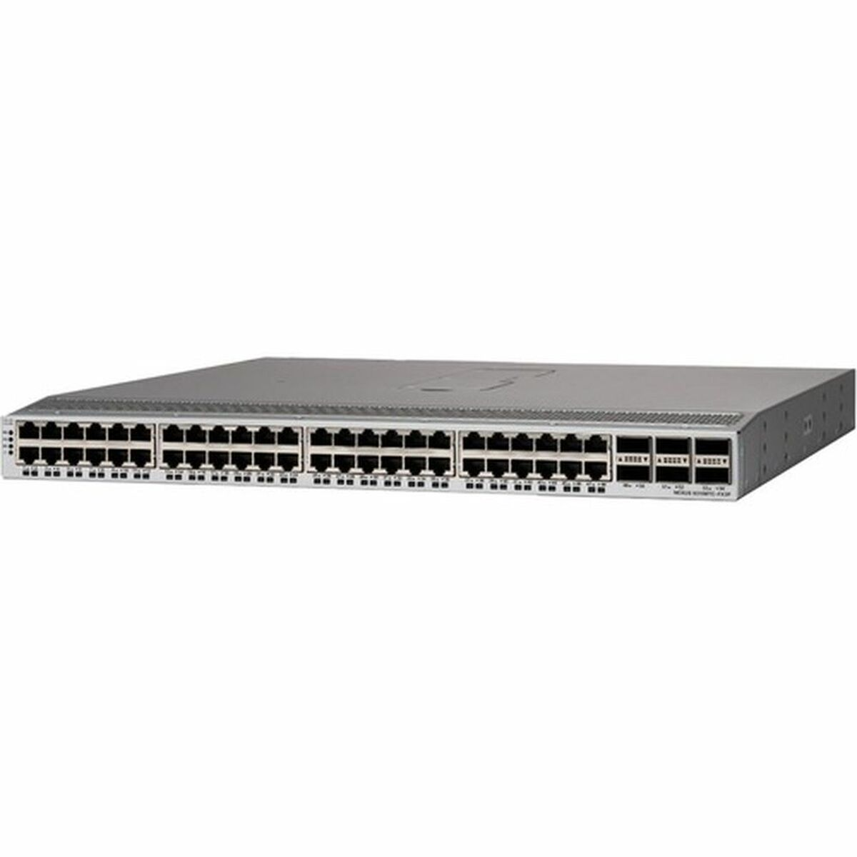 Silberner Netzwerk-Switch mit vielen Anschlüssen. Rechteckige Form.