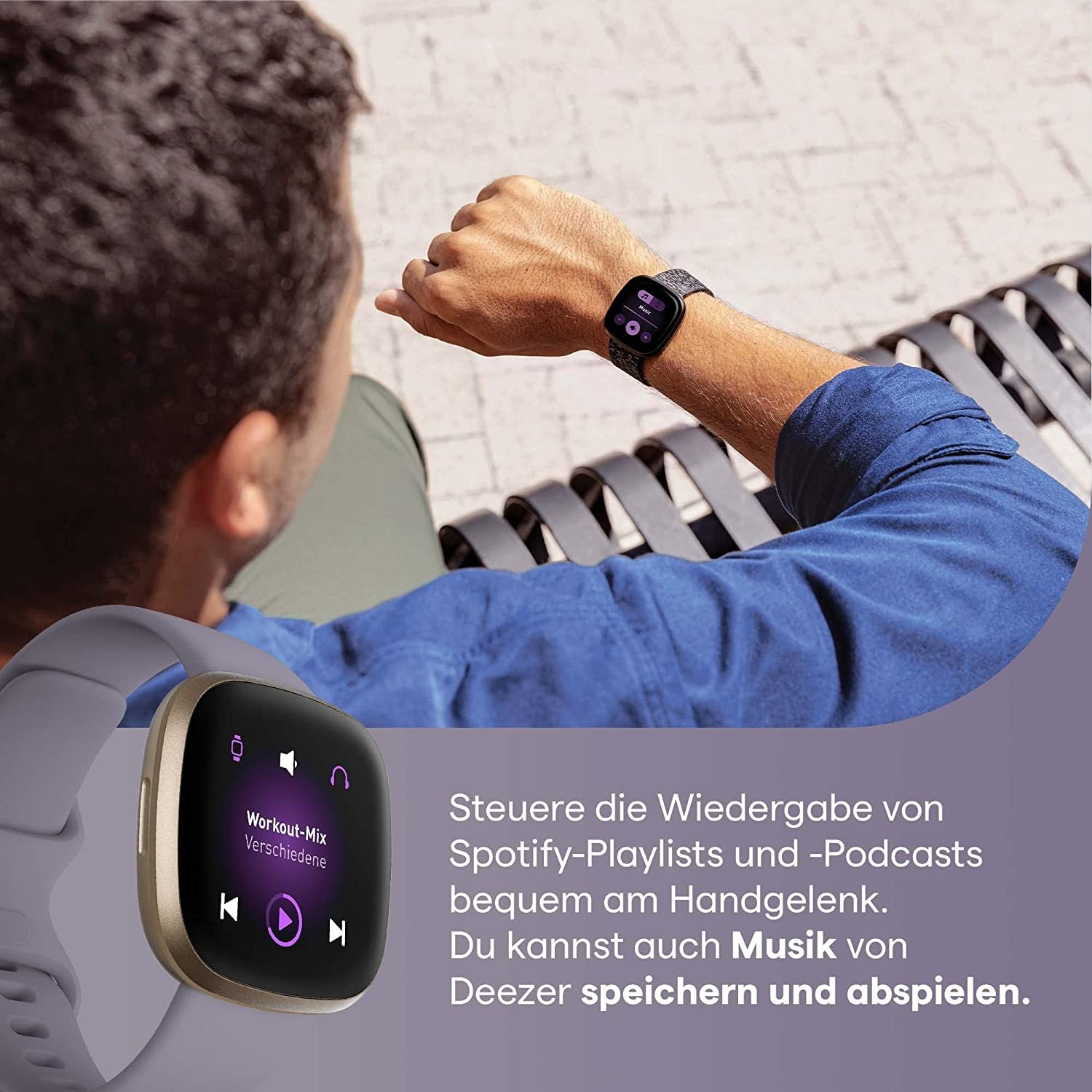 Ein Mann trägt eine Smartwatch mit Musikoberfläche.