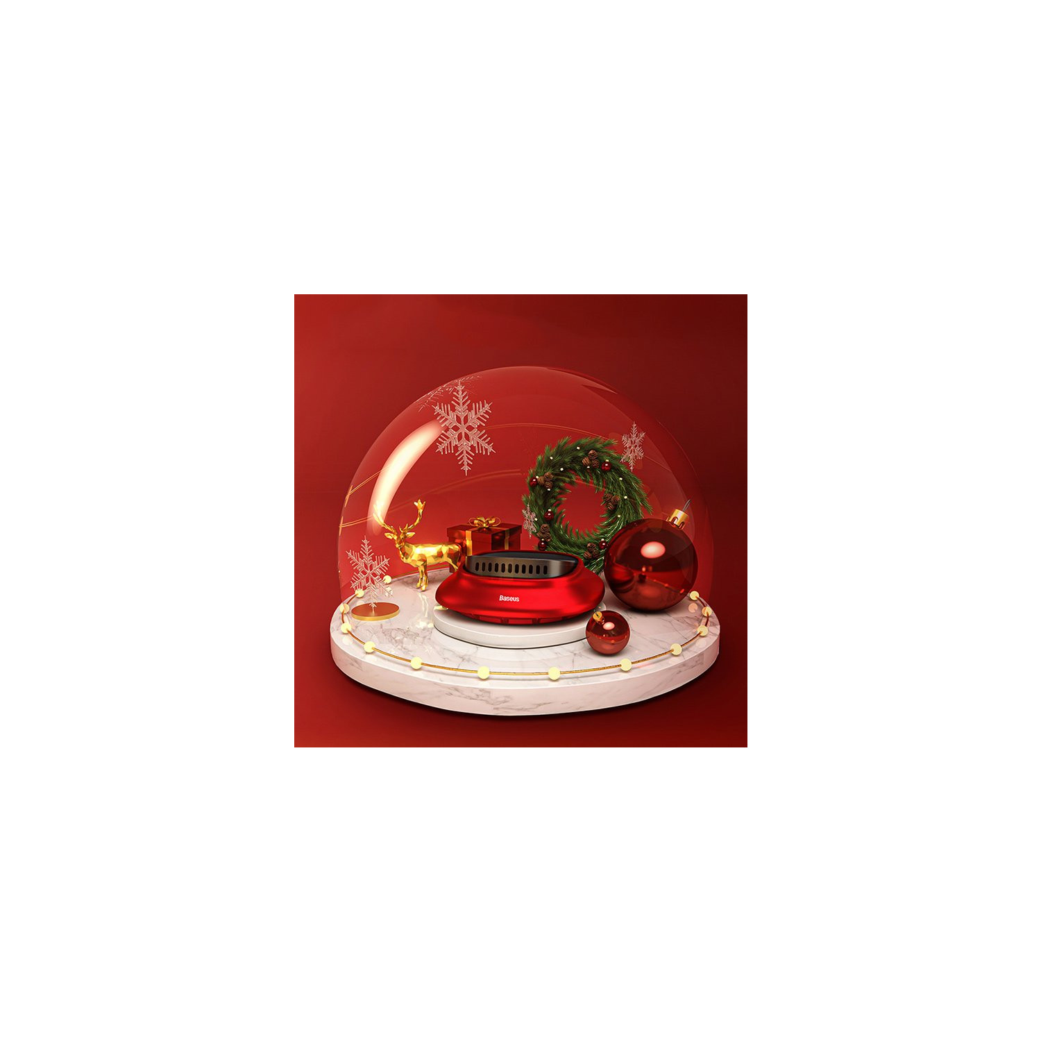 Rode grill op marmeren standaard, omringd door kerstversiering, in glazen koepel, over rood.