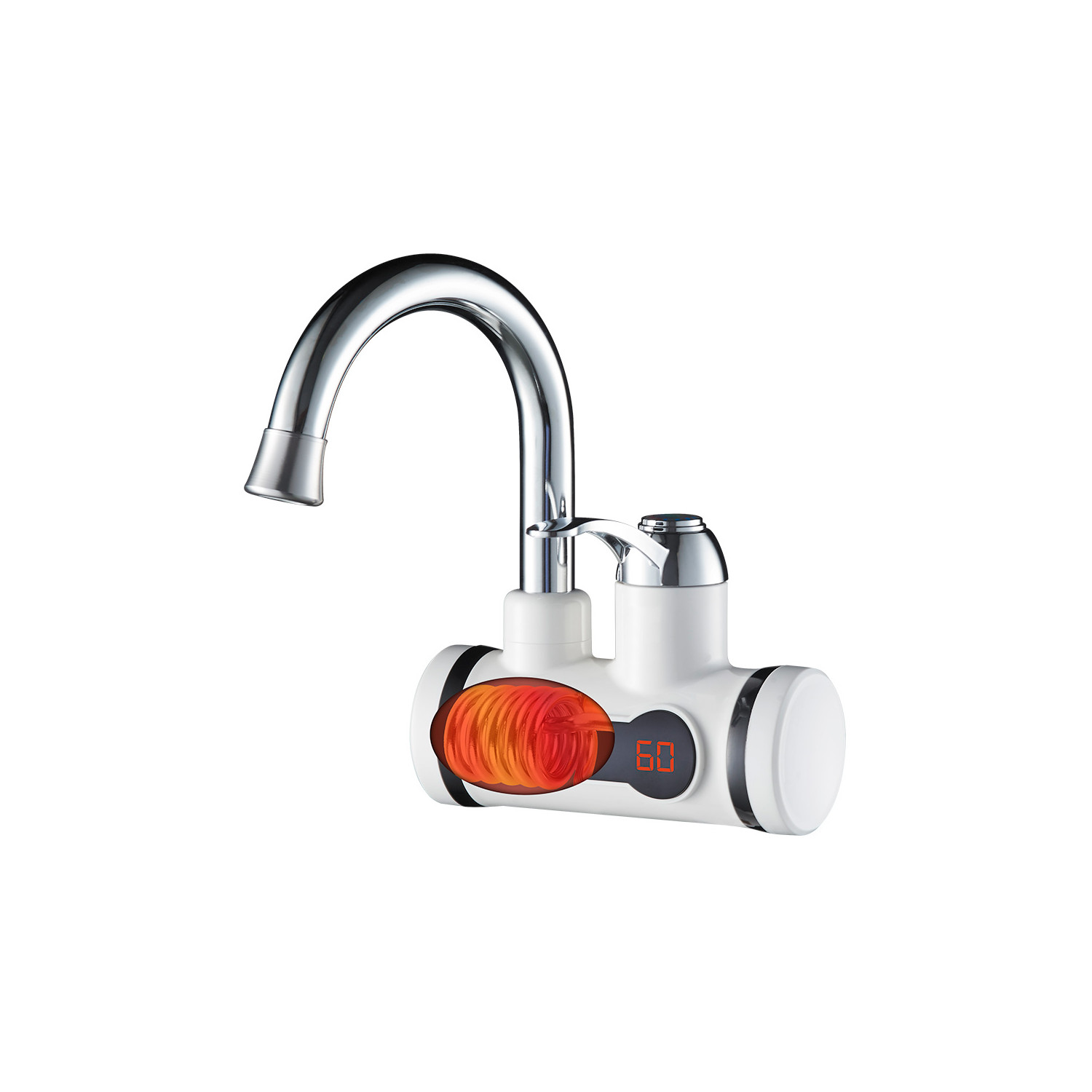 Bateria z chromowanym wylewem i cyfrowym wyświetlaczem pokazującym 60 stopni.