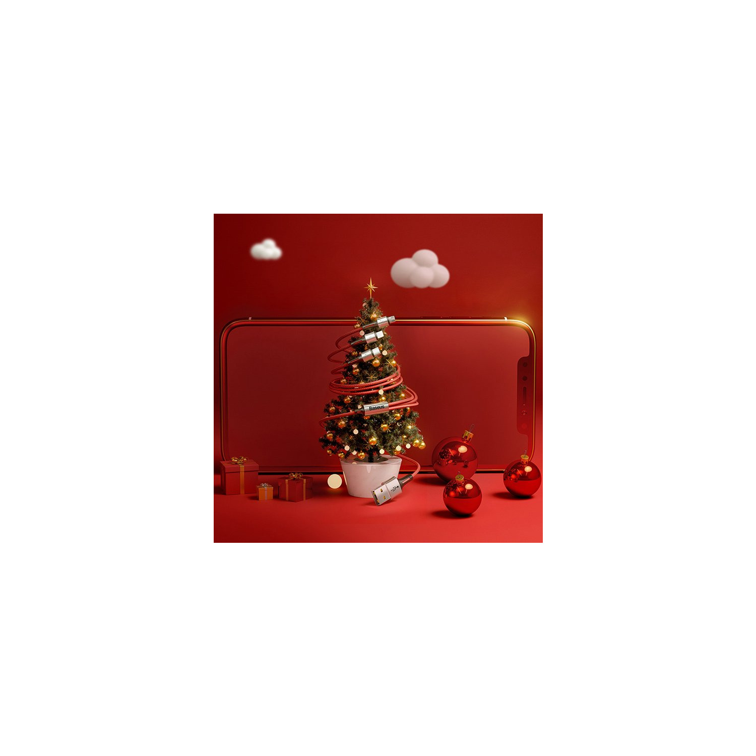 Een kerstboom gemaakt van een kabel op een rode achtergrond met ornamenten en cadeaus.