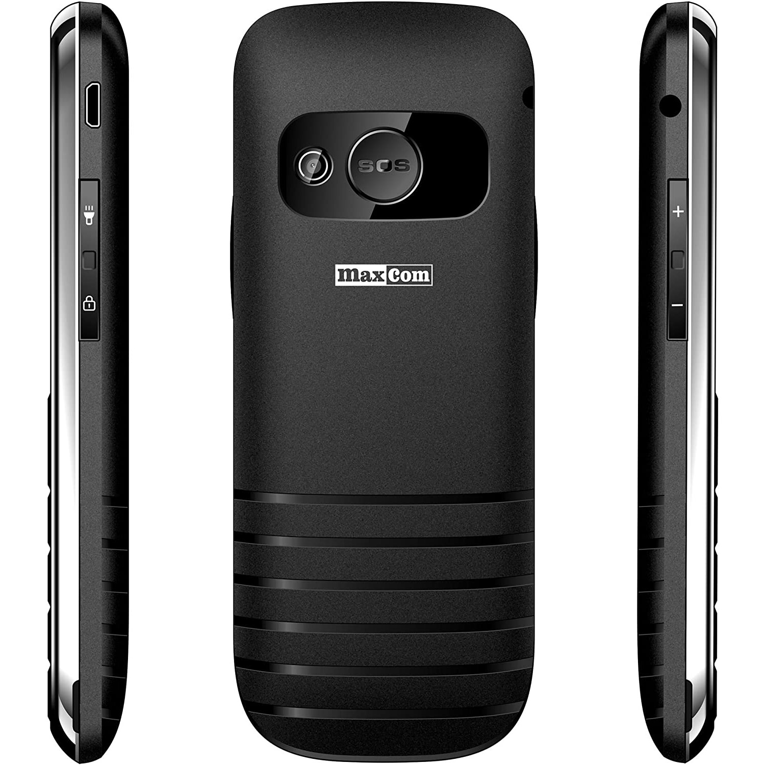 Czarny telefon komórkowy, z przyciskiem SOS i bocznymi przyciskami.