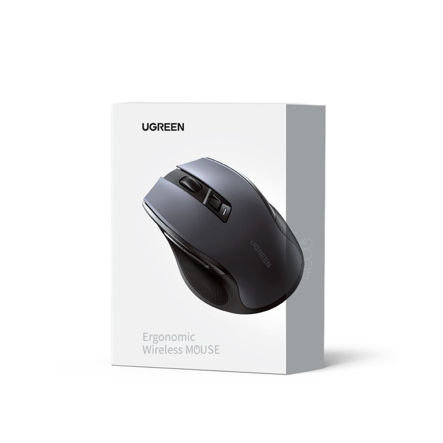 Szara ergonomiczna mysz bezprzewodowa w białym pudełku, z etykietą UGREEN.