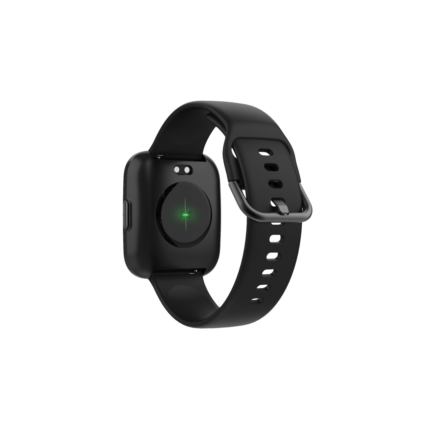 Uno smartwatch nero con cinturino nero e luce verde sul retro.