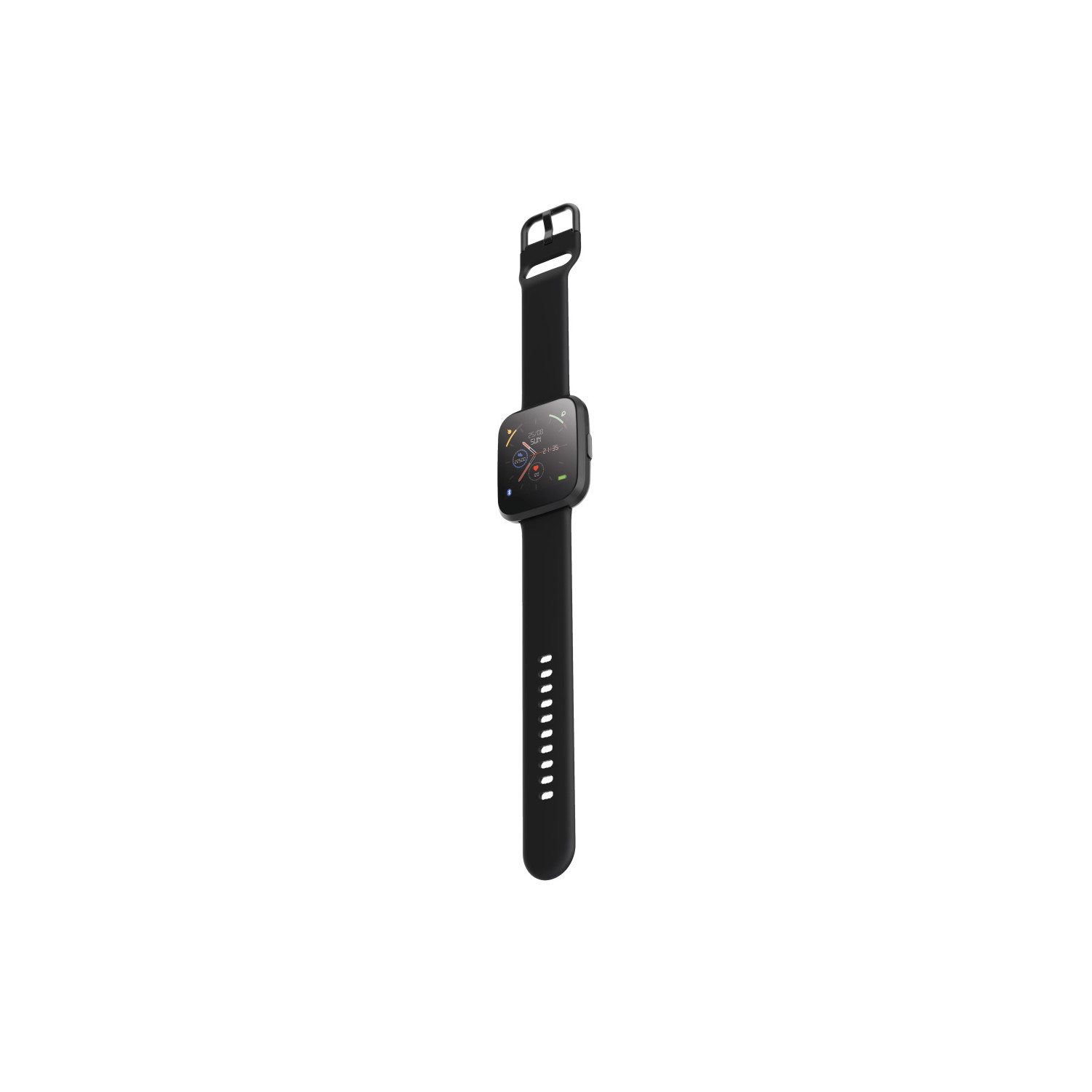 Uno smartwatch nero con cinturino nero, visto da un'angolazione laterale.