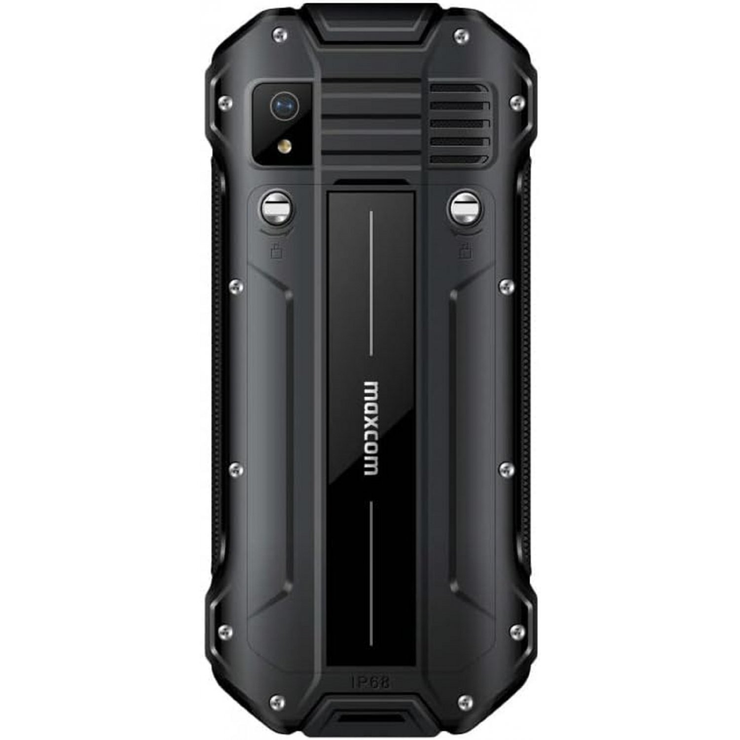 Schwarzes, robustes Telefon mit Kamera, Lautsprecher und 'maxcom'-Branding. Rückansicht.