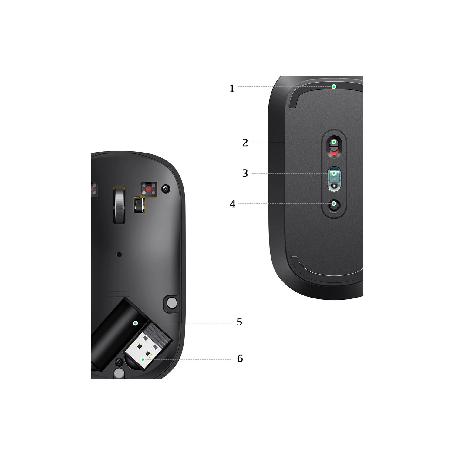 Unterseite einer schwarzen Maus mit nummerierten Elementen: Sensoren, USB-Empfänger.