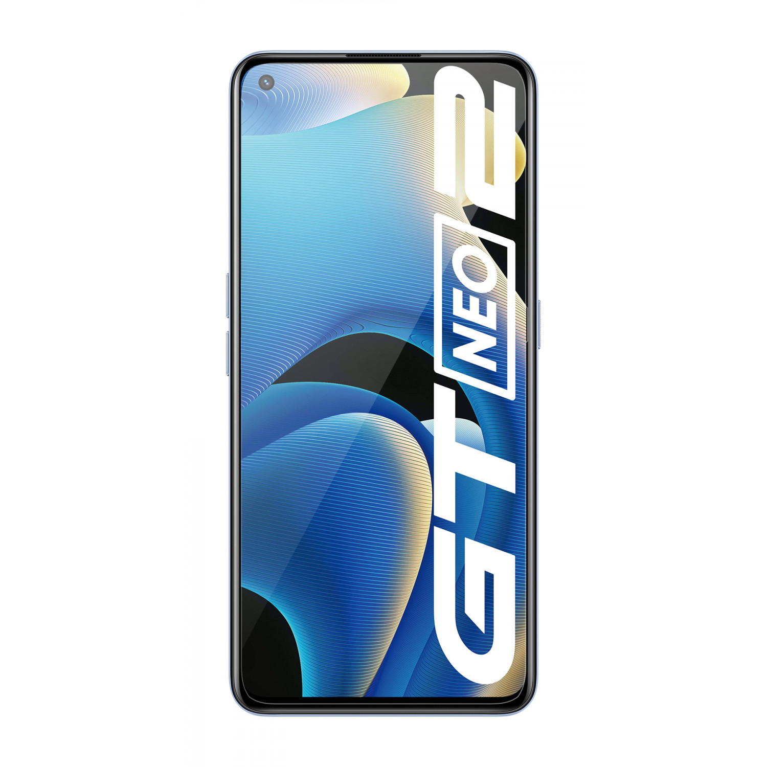Ein Smartphone mit blauem Farbverlauf auf der Rückseite und schwarzem Bildschirm.