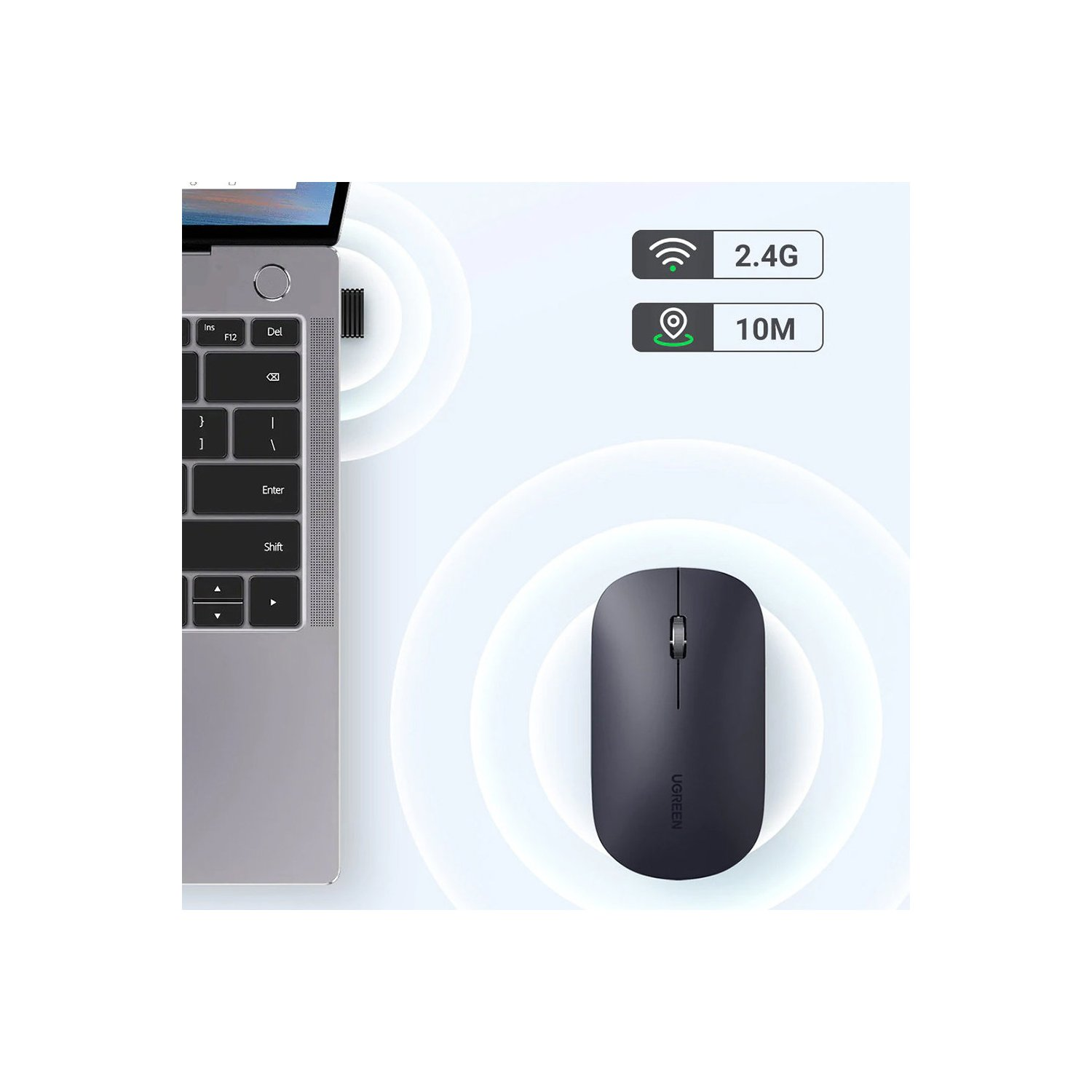 Schwarze drahtlose Maus mit einem Laptop links. Symbole für 2,4G und 10M befinden sich rechts.
