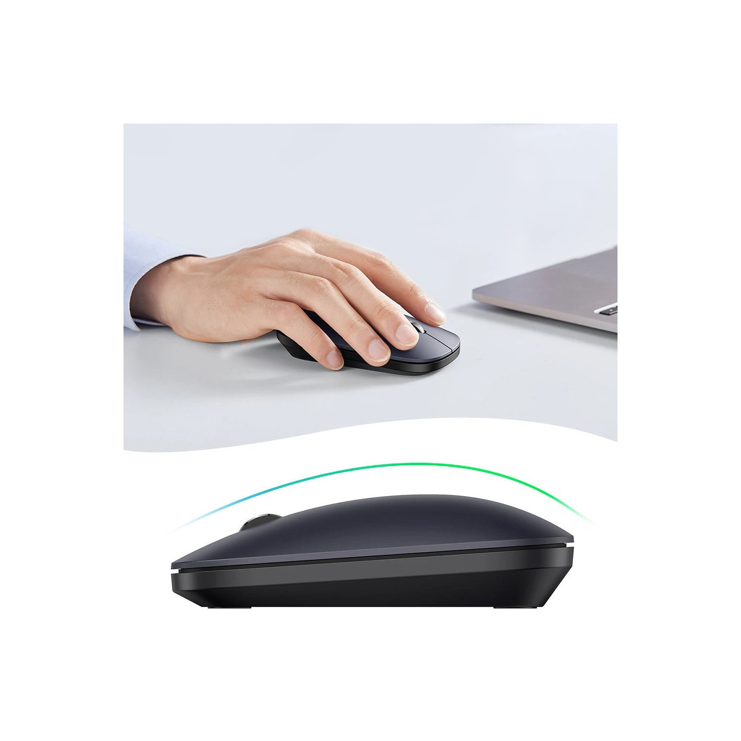 Hand einer Person, die eine schwarze kabellose Maus auf einem weißen Schreibtisch benutzt. Grauer Laptop.