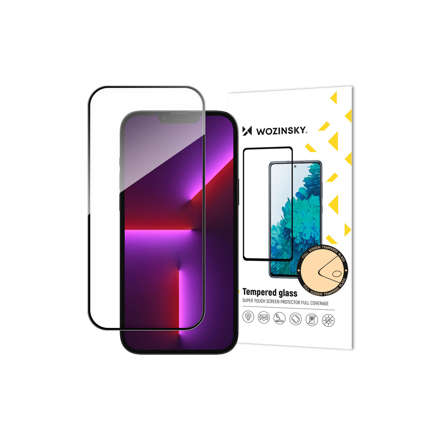 Telefon mit Displayschutzfolie und einer Schachtel. Die Schutzfolie ist klar und passt zum Telefon.