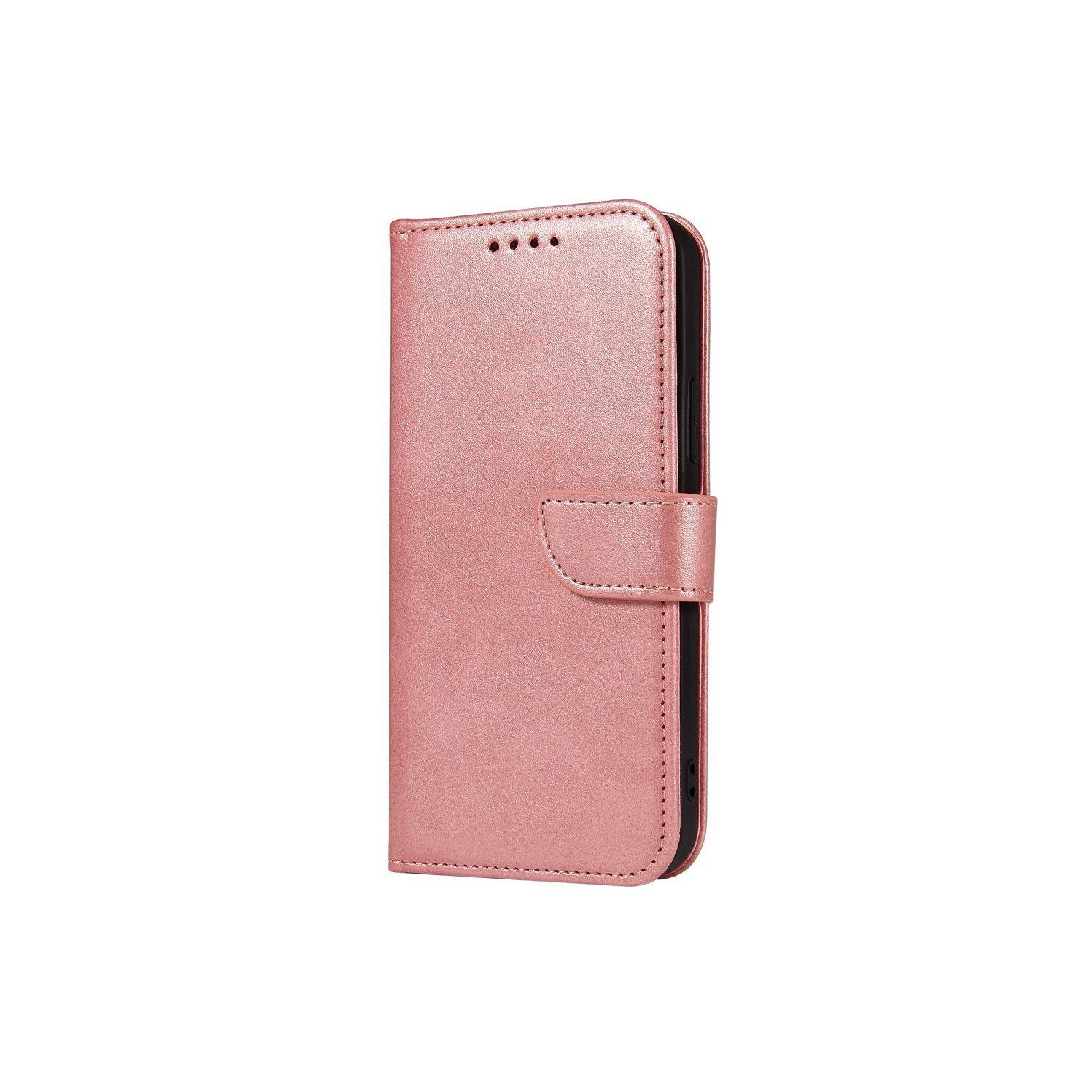 Eine rosa Leder-Handyhülle mit Magnetverschluss und Nahtdetails, vor weißem Hintergrund.