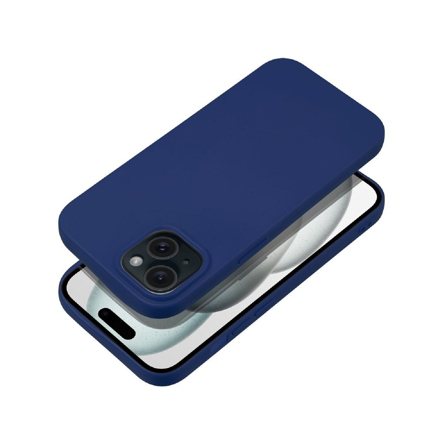 Eine blaue Handyhülle, die ein Telefon bedeckt. Die Hülle liegt auf einer weißen Oberfläche, Draufsicht, die Hülle ist offen.