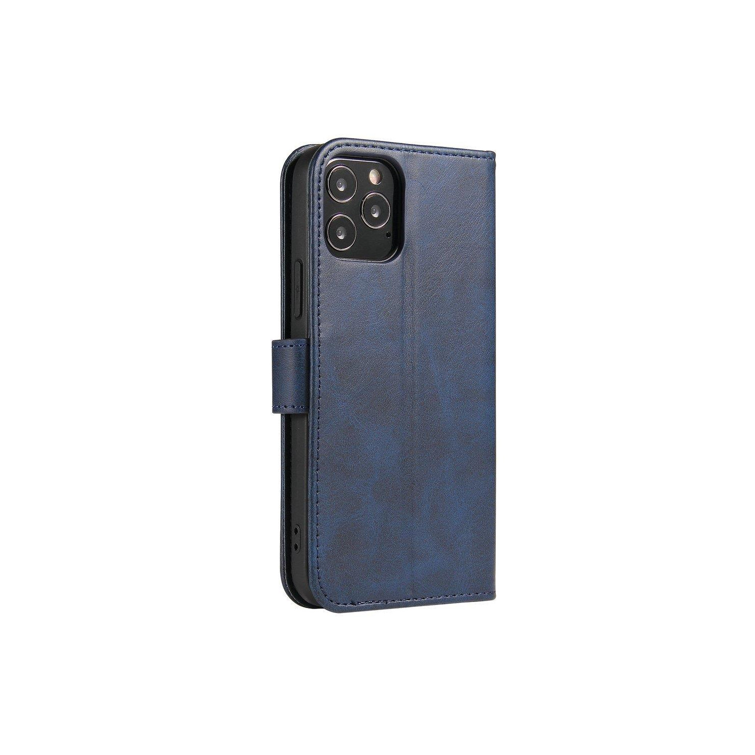 Blaue Leder-Handyhülle mit Magnetverschluss. Die Hülle ist geschlossen und zeigt die Kamera-Erhebung.