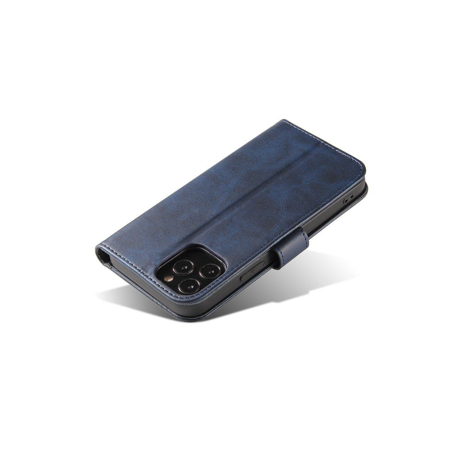 Eine geschlossene blaue Handyhülle. Die Hülle besteht aus lederähnlichem Material mit Magnetverschluss.