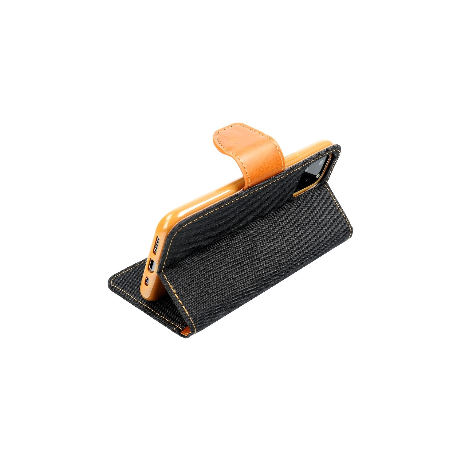 Orange-schwarzes Handycase mit Handy. Nach hinten gelehnt mit orangefarbenem Verschluss.