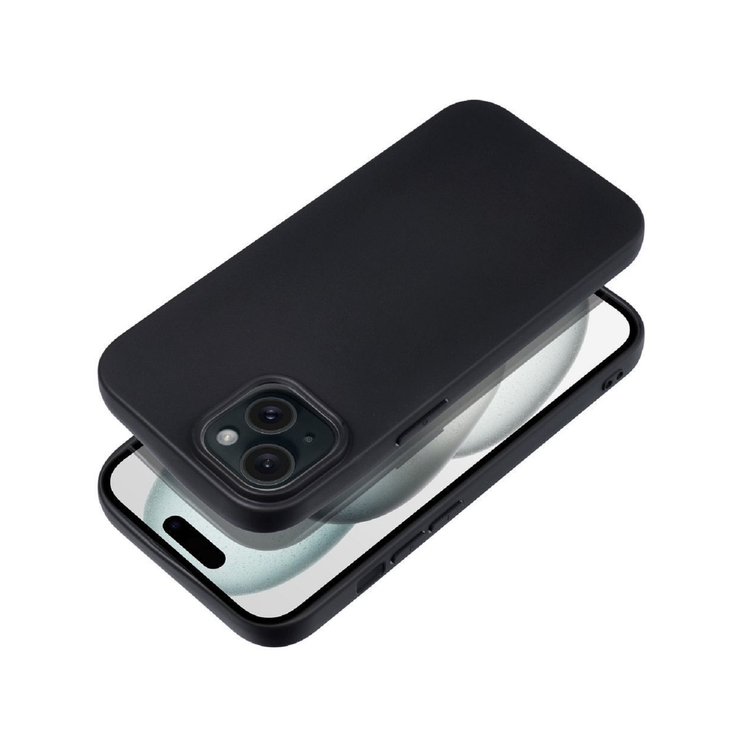 Schwarzes iPhone mit schwarzer Hülle. Das Telefon liegt auf der Hülle und zeigt Kamera und Bildschirm.